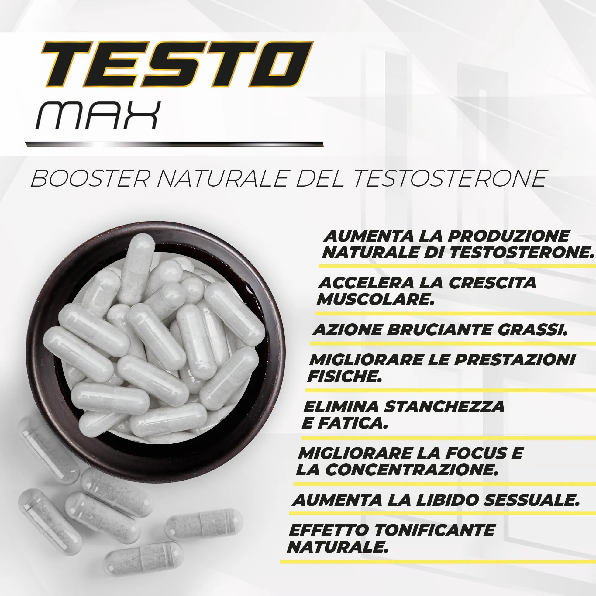 Booster di Testosterone per uomo | Energia, forza, muscolazione e vigore | Maca Andina, Ginseng, Tribulus e Taurina | Aumenta l'energia e migliora le prestazioni sportive e muscolari | 120 caps