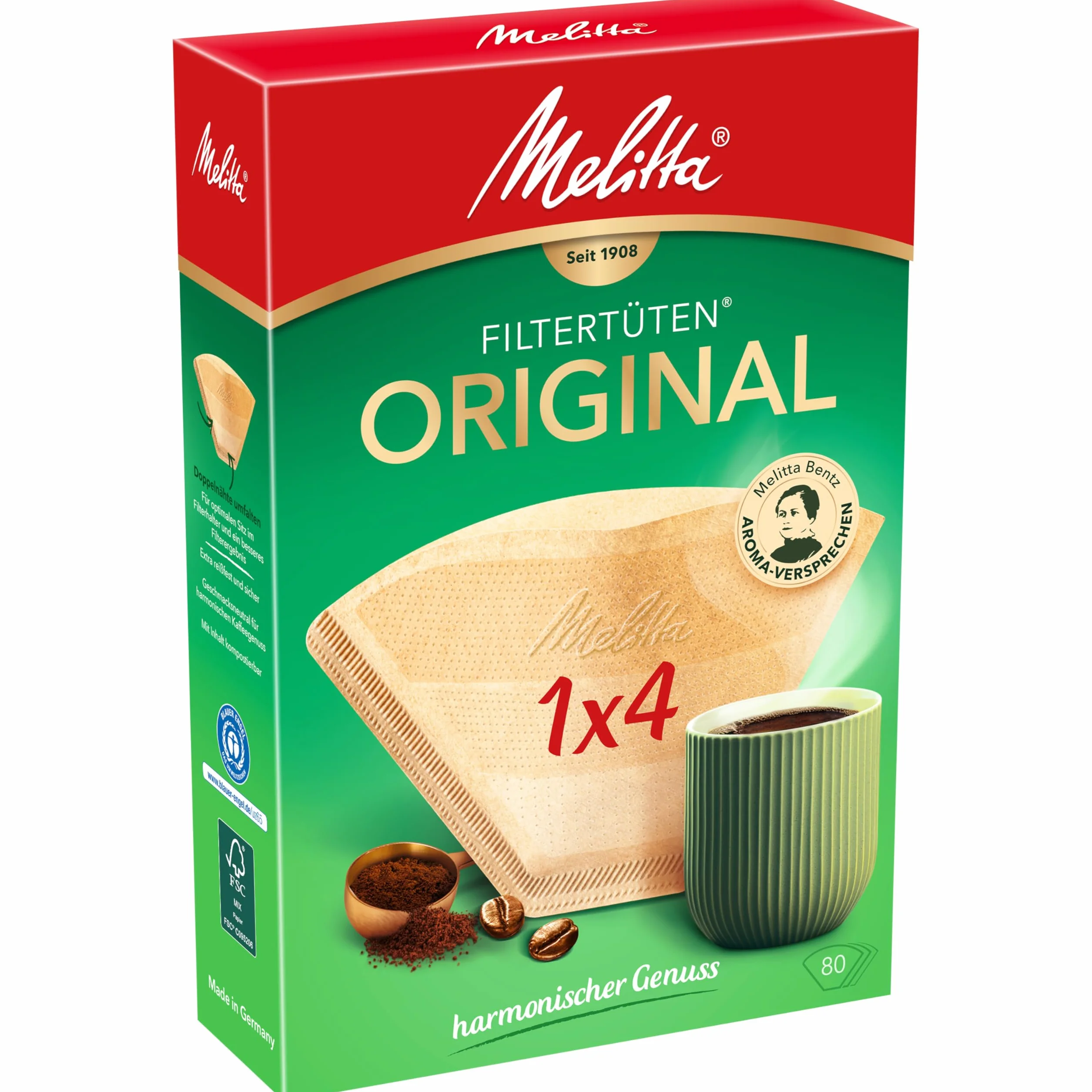 Melitta, 80 filtri per caffé, Dimensioni 1x4, Per caffettiera a filtri, Original, Scuro