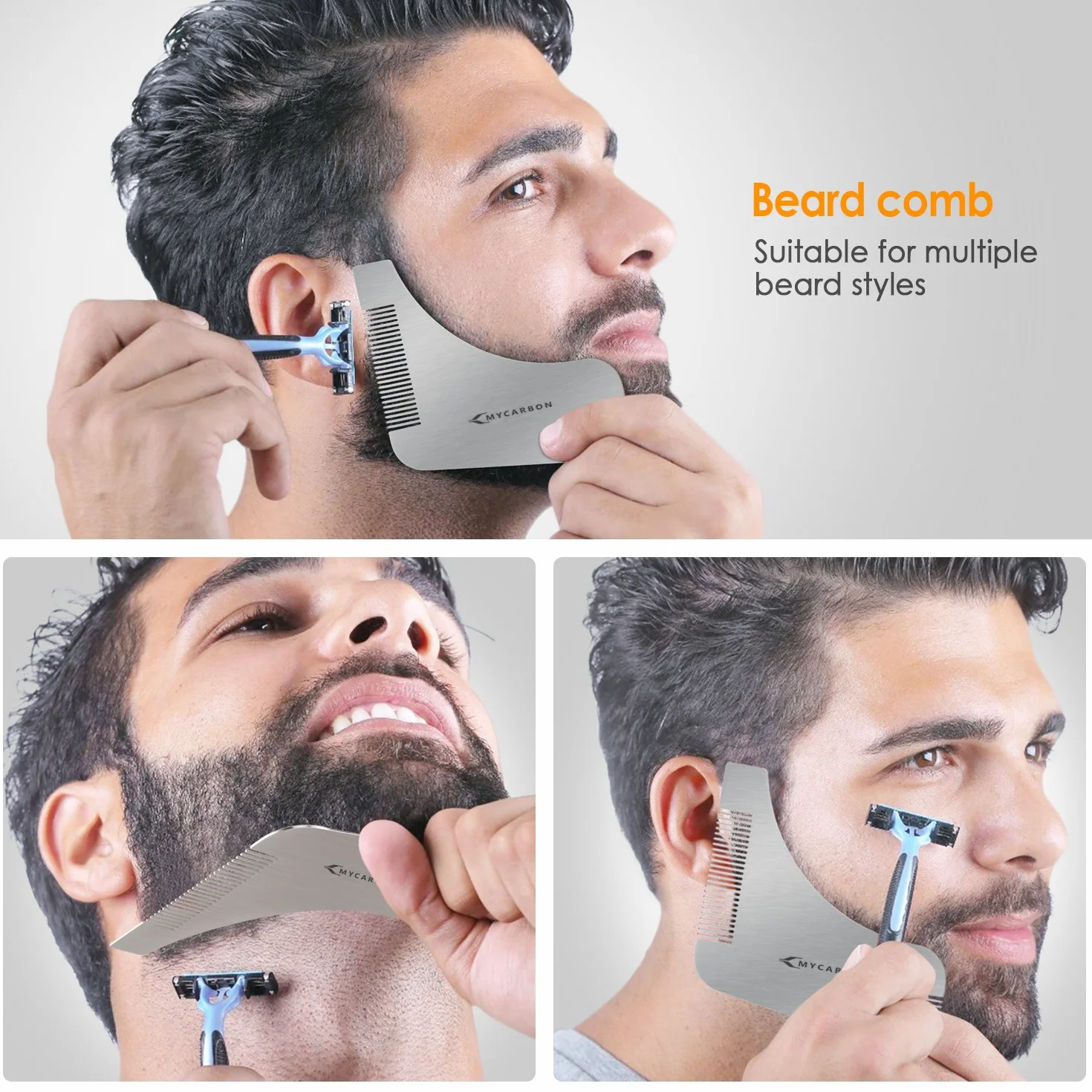 MYCARBON Pettine Barba Forma Uomo in Acciaio Inossidabile Disegno Z per Styling Taglio Barba Pettine da Barba Modellante Portatile