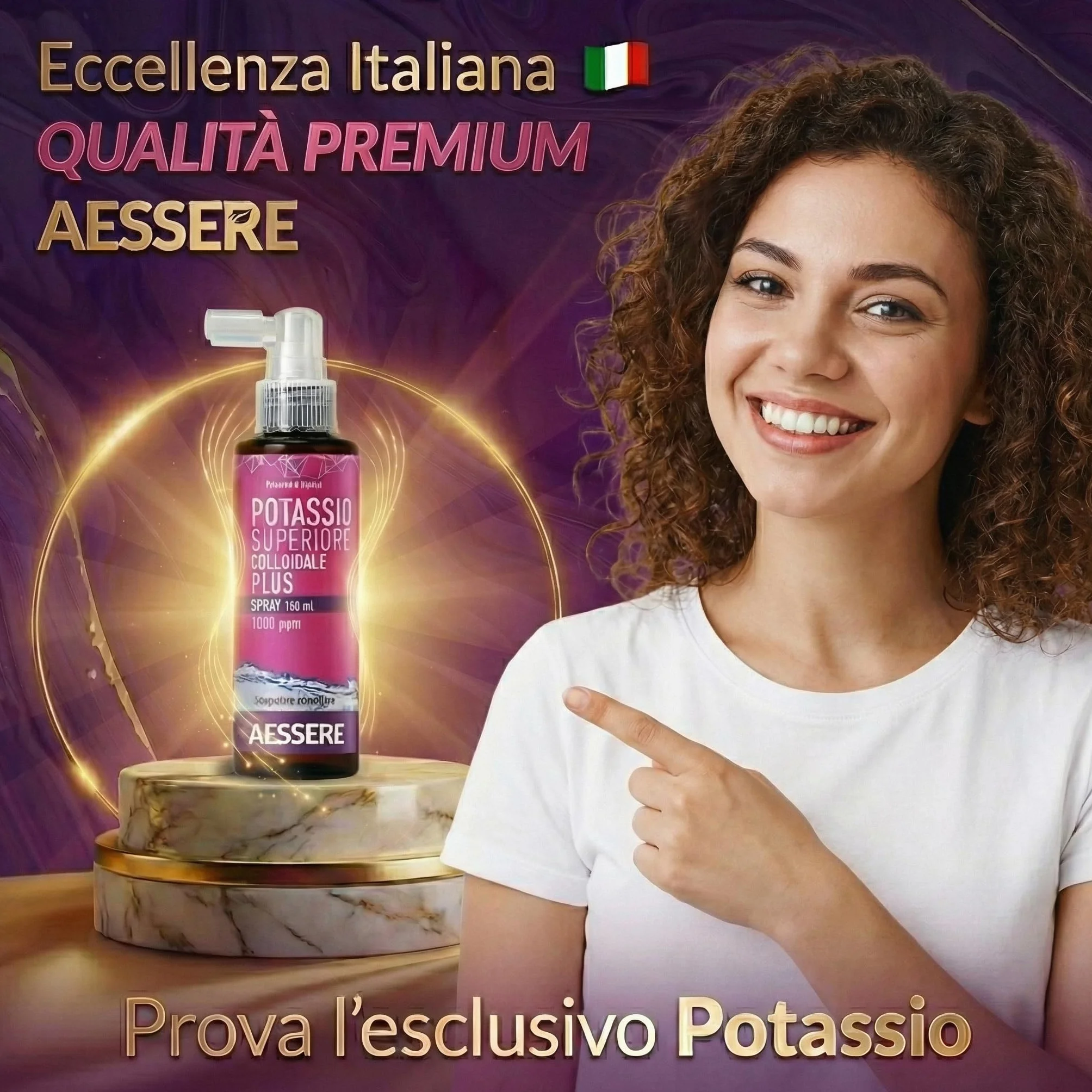 Potassio Colloidale Spray - Integratore di Potassio Plus ad Alta Biodisponibilità 1000 ppm Supporto per Crampi, Muscoli e Sistema Nervoso, Senza Zuccheri, Gusto Neutro - Made in Italy- Aessere 100ml