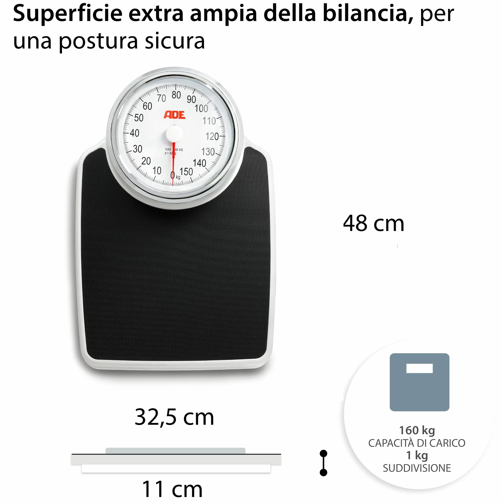 ADE Bilancia pesapersone analogica XL senza batteria | superficie antiscivolo | molto precisa | per piedi grandi | bilancia pesapersone meccanica dal design classico | fino a 160 kg