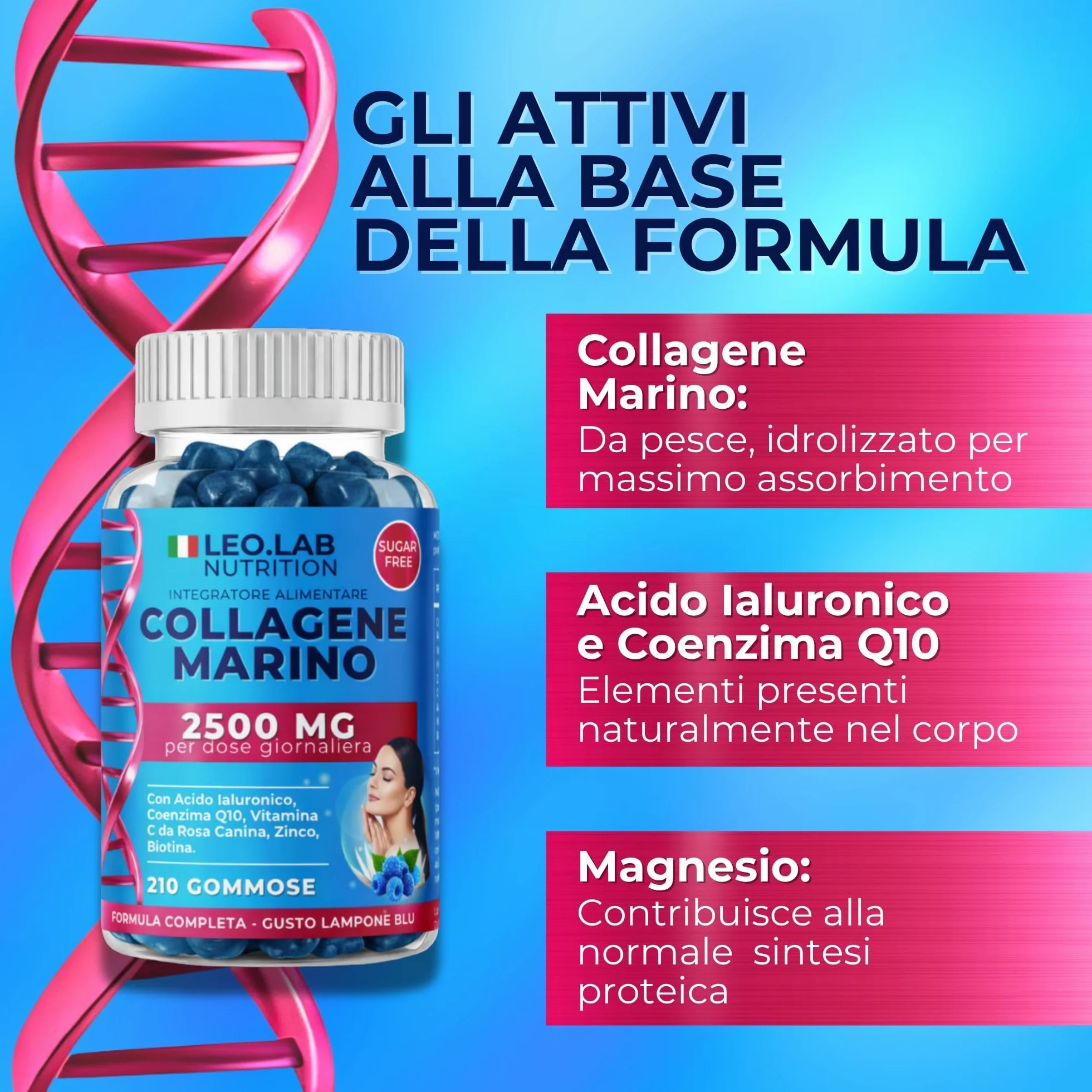 Collagene Marino con Acido Ialuronico 2500mg 210 Gummies - Vitamina C, A, Zinco, Q10 per Pelle, Capelli e Unghie