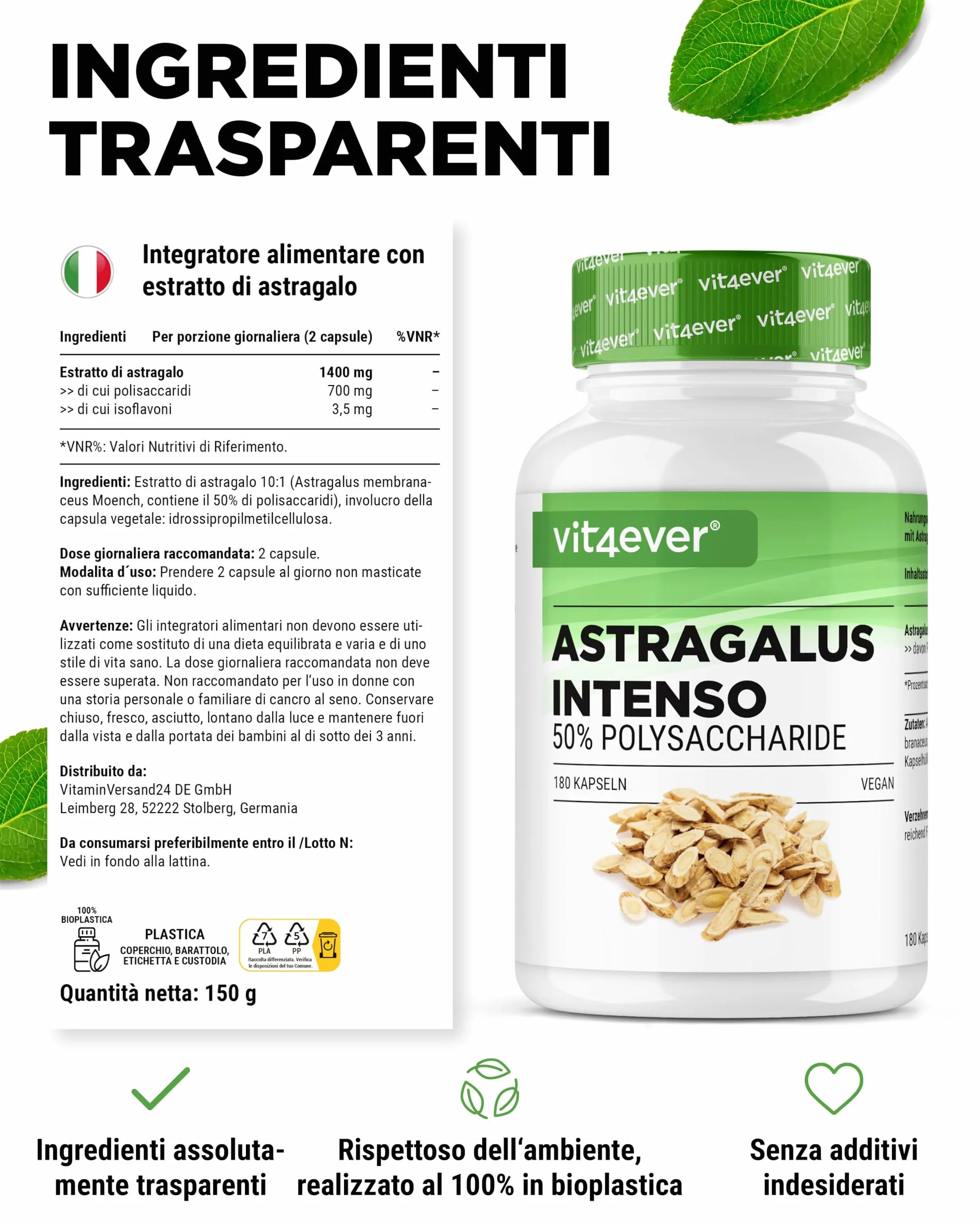 Vit4ever Astragalo 1400 mg Estratto Puro 180 Capsule 50% Polisaccaridi Integratore Vegano