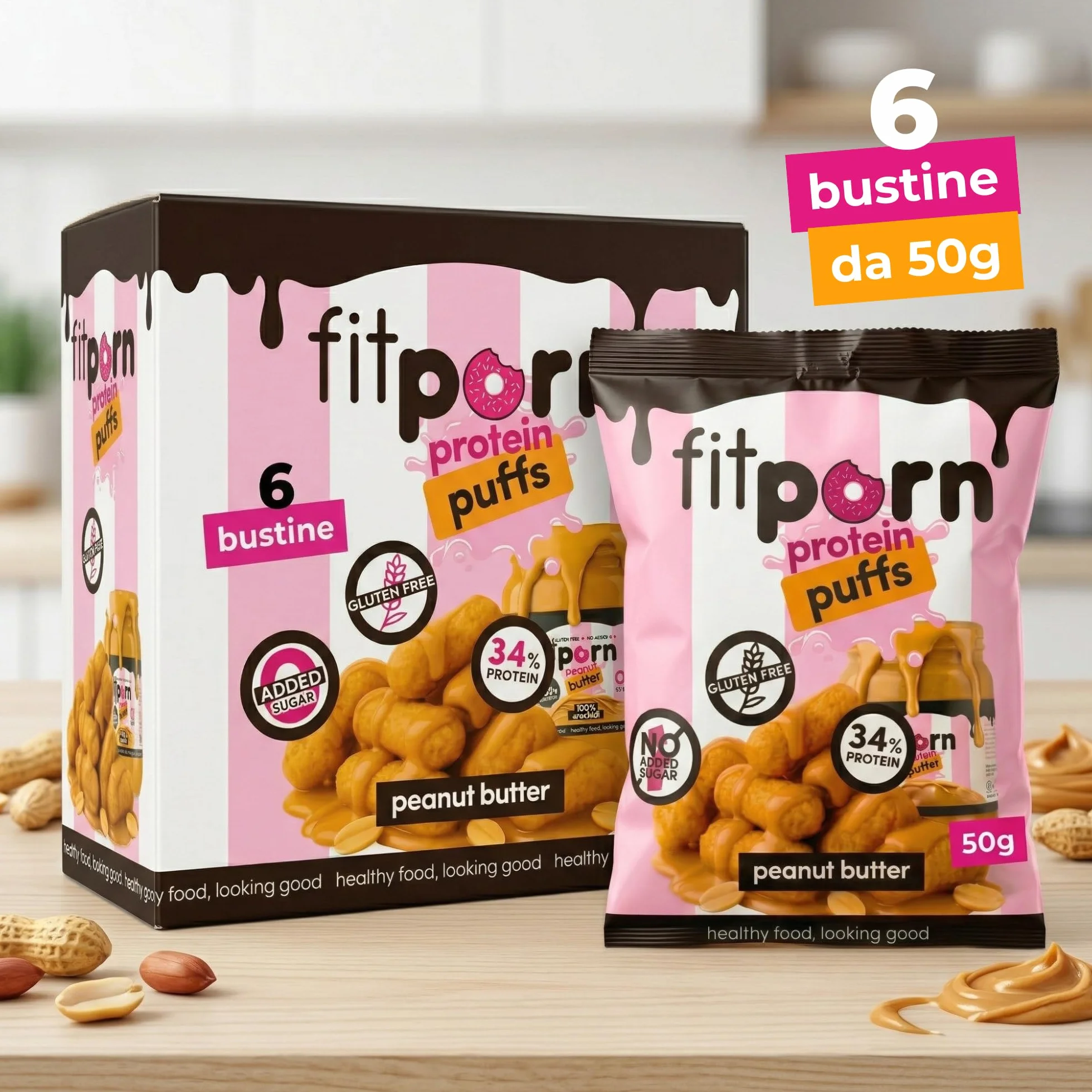 Protein Snack - Golose Patatine Proteiche con 34% di Proteine, Patatine Senza Glutine, Senza Zuccheri Aggiunti e Olio di Palma, Gusto Burro di Arachidi, Ideale per Spuntino Fit, Vegan, 6x50g