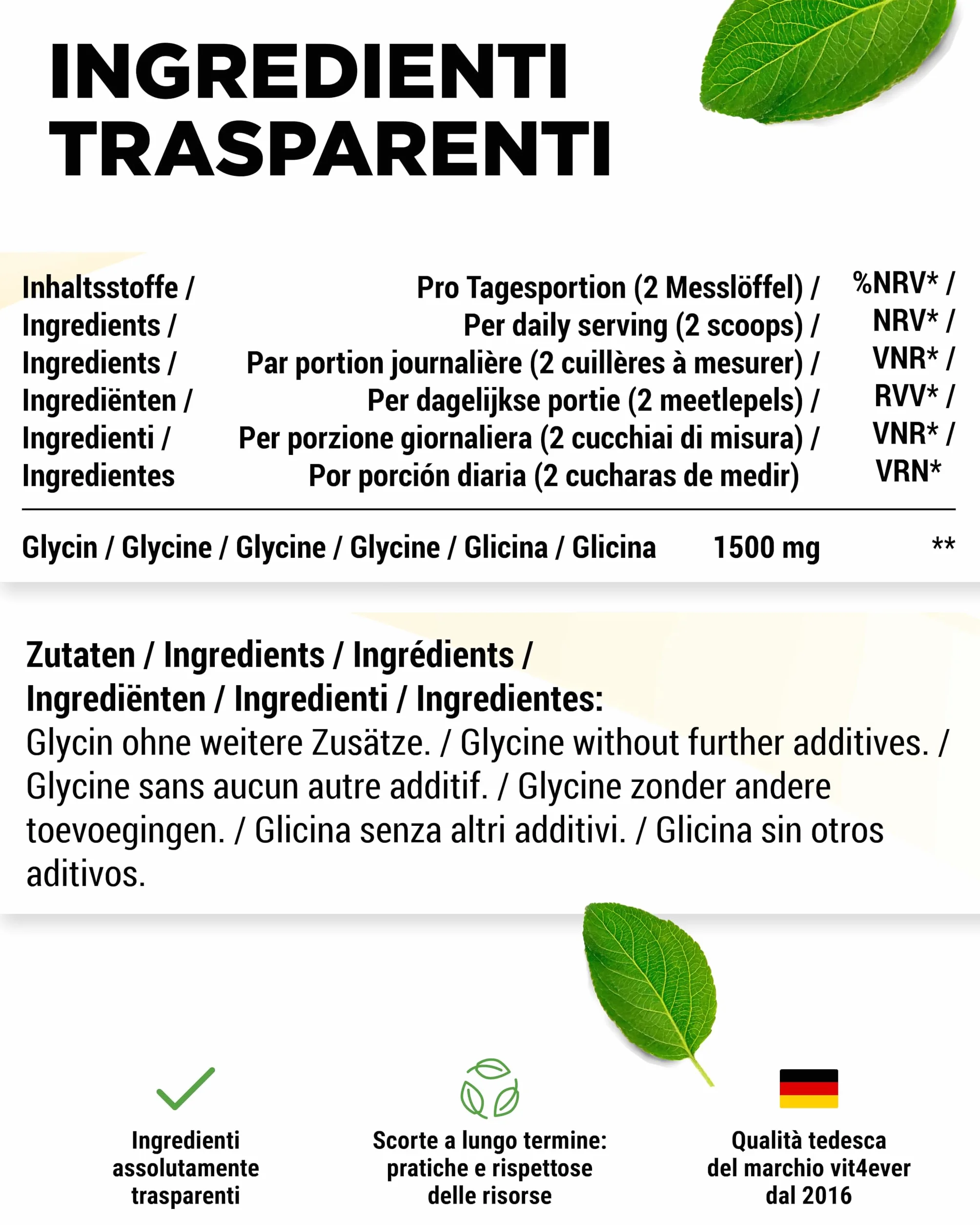 vit4ever Glicina pura - 1000 g (1 kg) di polvere pura senza additivi - Con cucchiaio dosatore - Amminoacido L-glicina dosato in modo ottimale, naturalmente dolce - Vegano