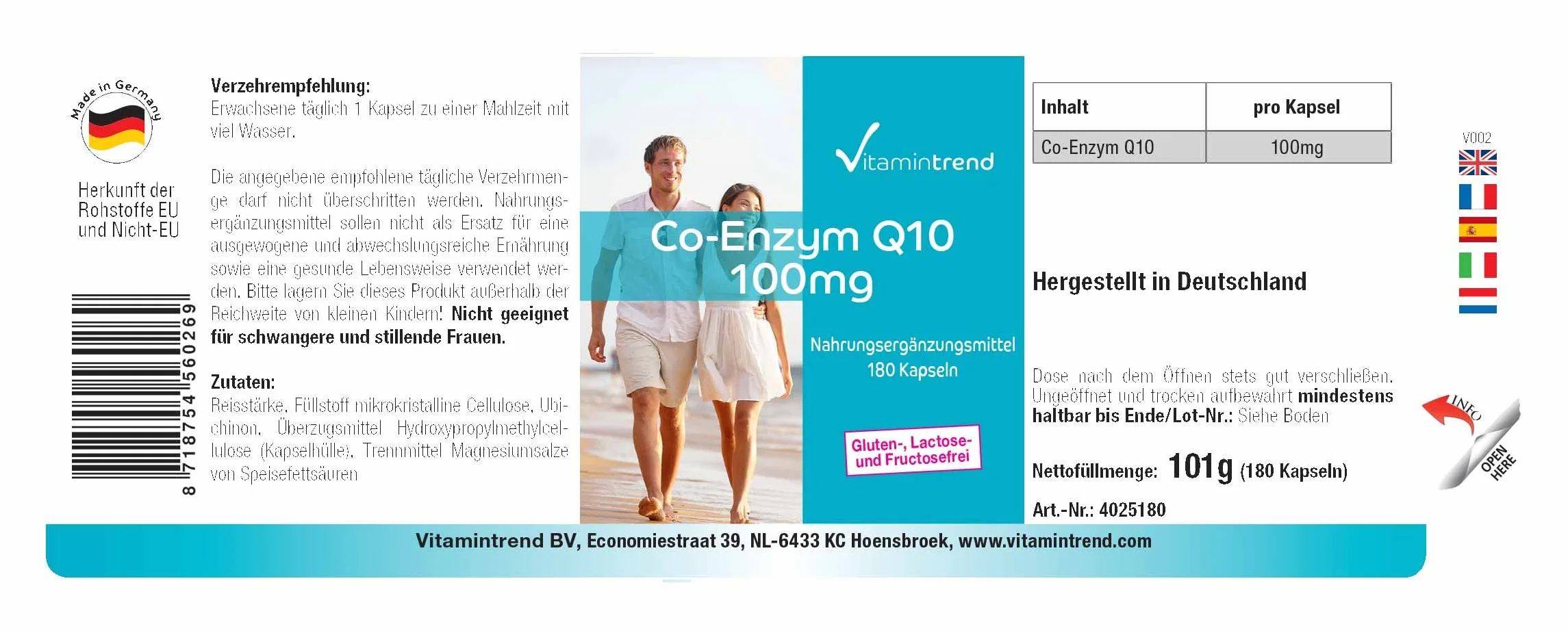 Vitamintrend Coenzima Q10 100 mg, 180 capsule, facili da deglutire, ad alto dosaggio, integratore alimentare vegano senza magnesio stearato, prodotto in Germania