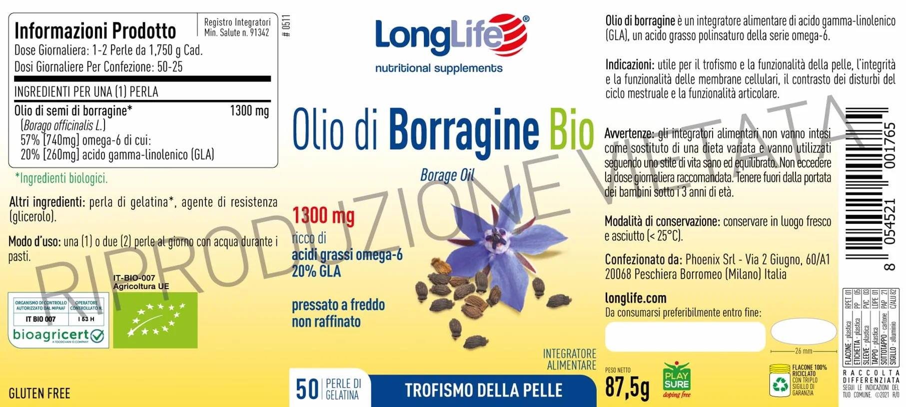 LongLife Olio di Borragine Bio 1300mg Integratore Omega 6 60 perle