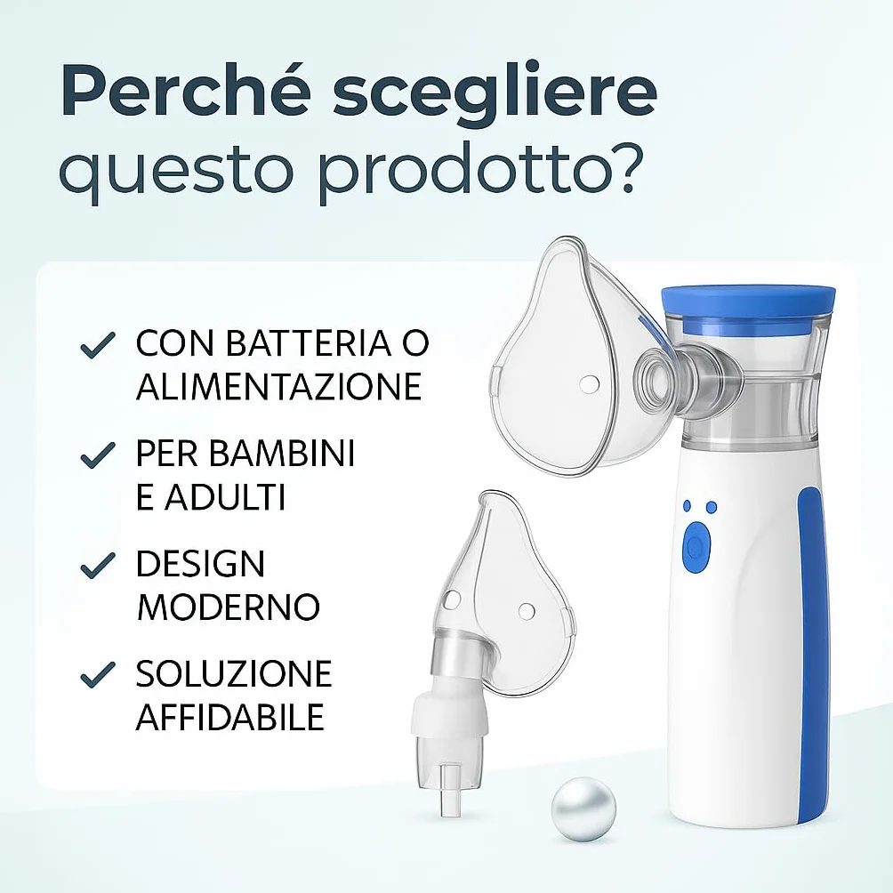 Nebulizzatore Portatile Silenzioso per Adulti e Bambini con Doppia Alimentazione USB/Batterie, Design Compatto