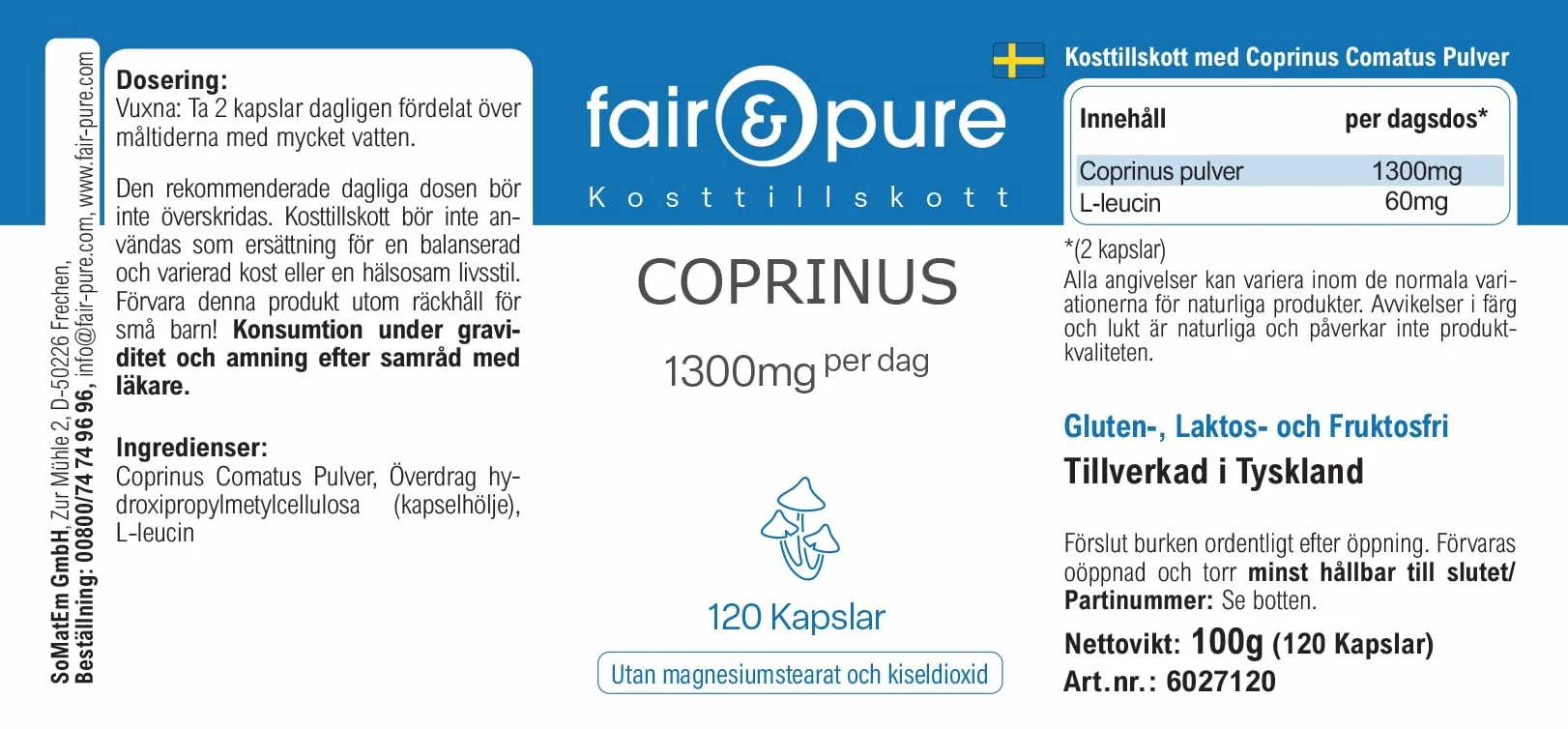 Fair & Pure Capsule di Coprinus 1300mg dose giornaliera, 120 pezzi, fungo coprinus, integratore alimentare vegano senza additivi, prodotto in Germania