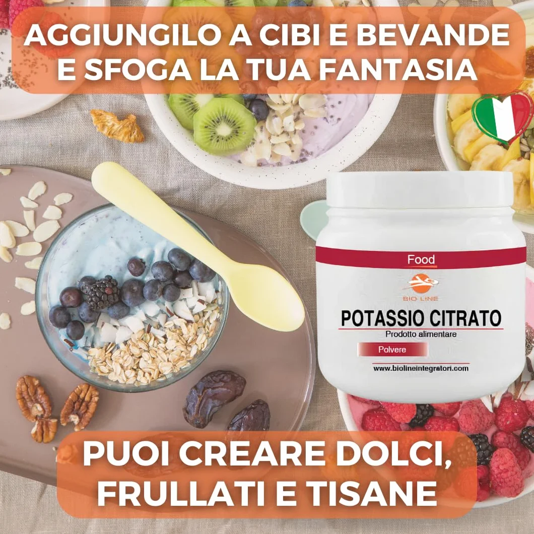 Potassio Citrato in Polvere Solubile Barattolo da 250 g, Polvere Alimentare Adatta per Attività Sportiva, Puro Senza Zuccheri ed Eccipienti, Polveri Alimentari