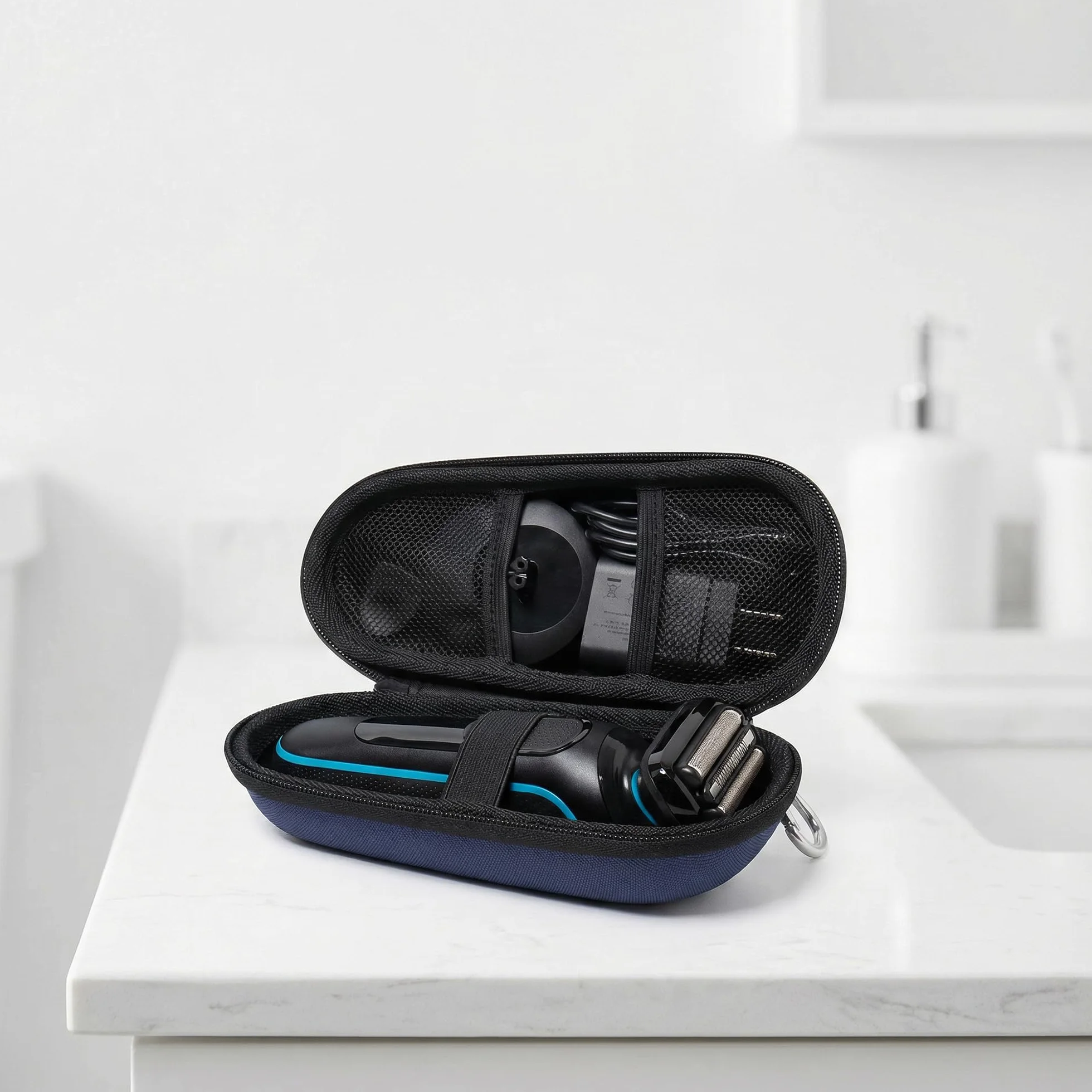 Nincha Custodia per rasoio elettrico Braun Series 3, 5, 7, 9, custodia rigida da viaggio in EVA con vano caricabatterie, custodia protettiva per il trasporto con moschettone, blu navy