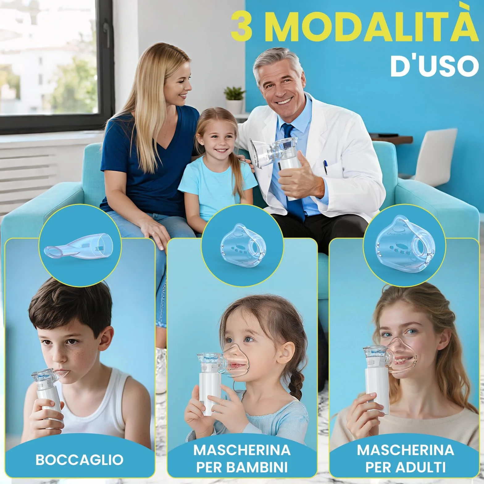 Aerosol Portatile Silenzioso Macchina Aerosol Adulti Bambini 2 Modalità Regolabili Ultrasuoni Autopulente con Maschere Boccaglio