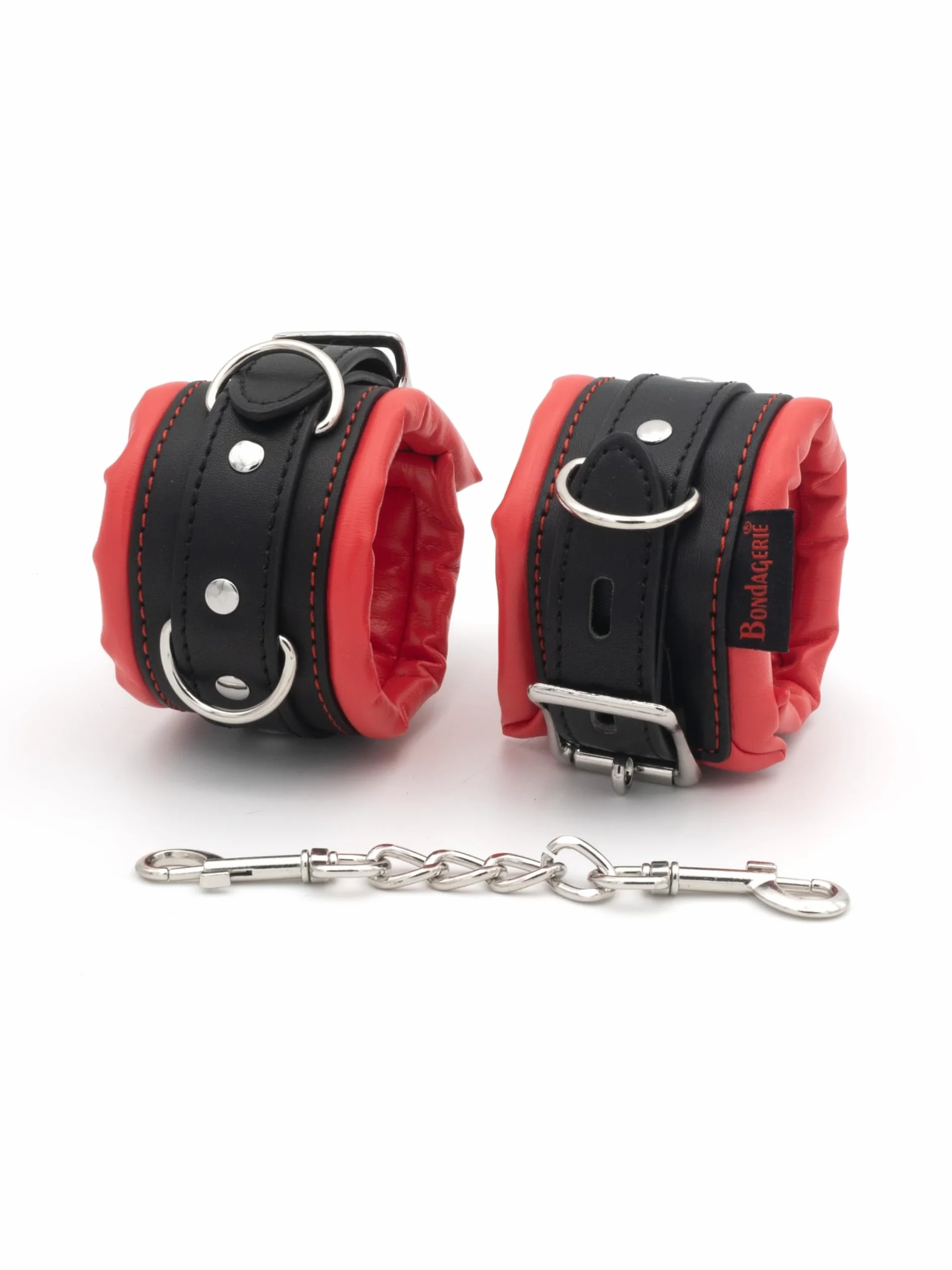 BONDAGERIE® Manette per Coppia Nero e Rosso, imbottite e morbide, sexishop uomo donna lui lei accessori catenina metallo