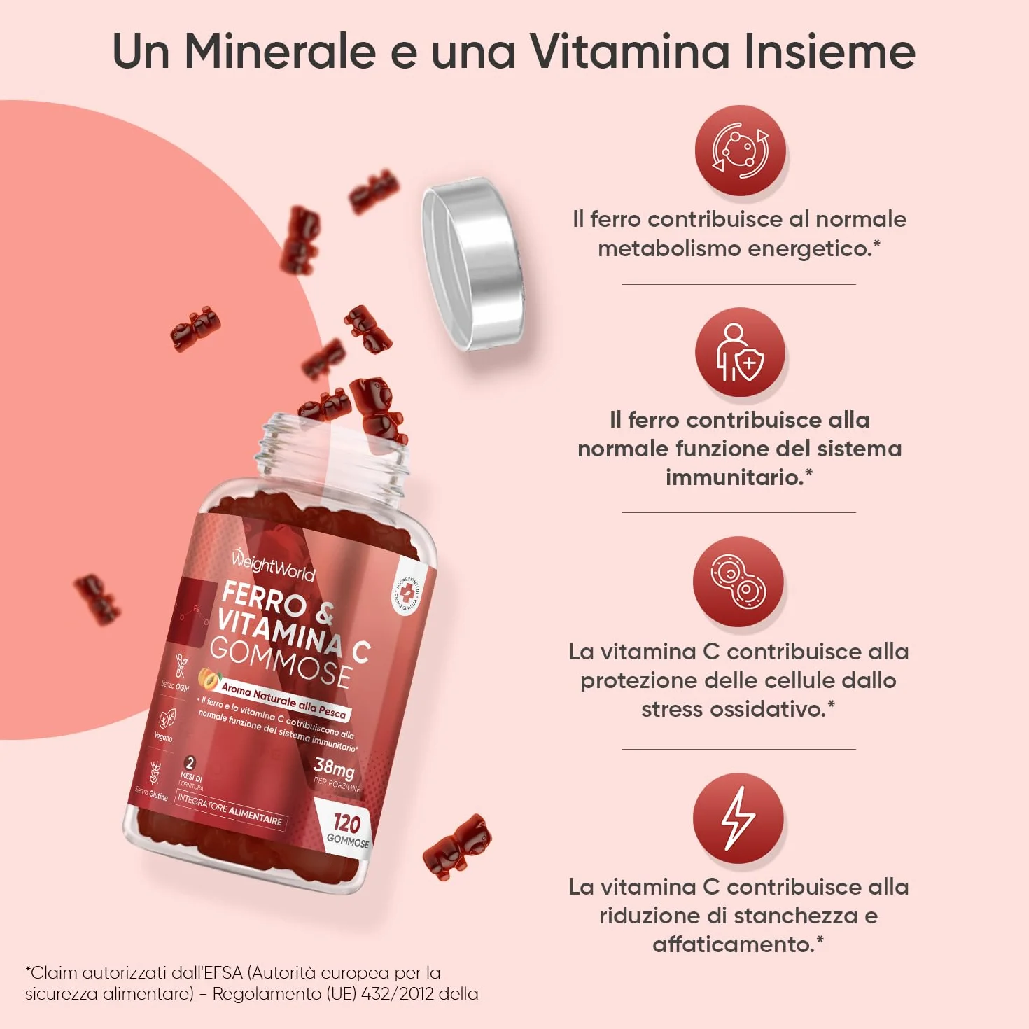 Integratore Ferro e Vitamina C in 120 Caramelle Gommose Vegane (Scorta 2 Mesi), 38mg di Ferro Integratore (Fumarato Ferroso) con Vitamina C (Acido L-Ascorbico), Gusto Naturale di Pesca, Senza Glutine