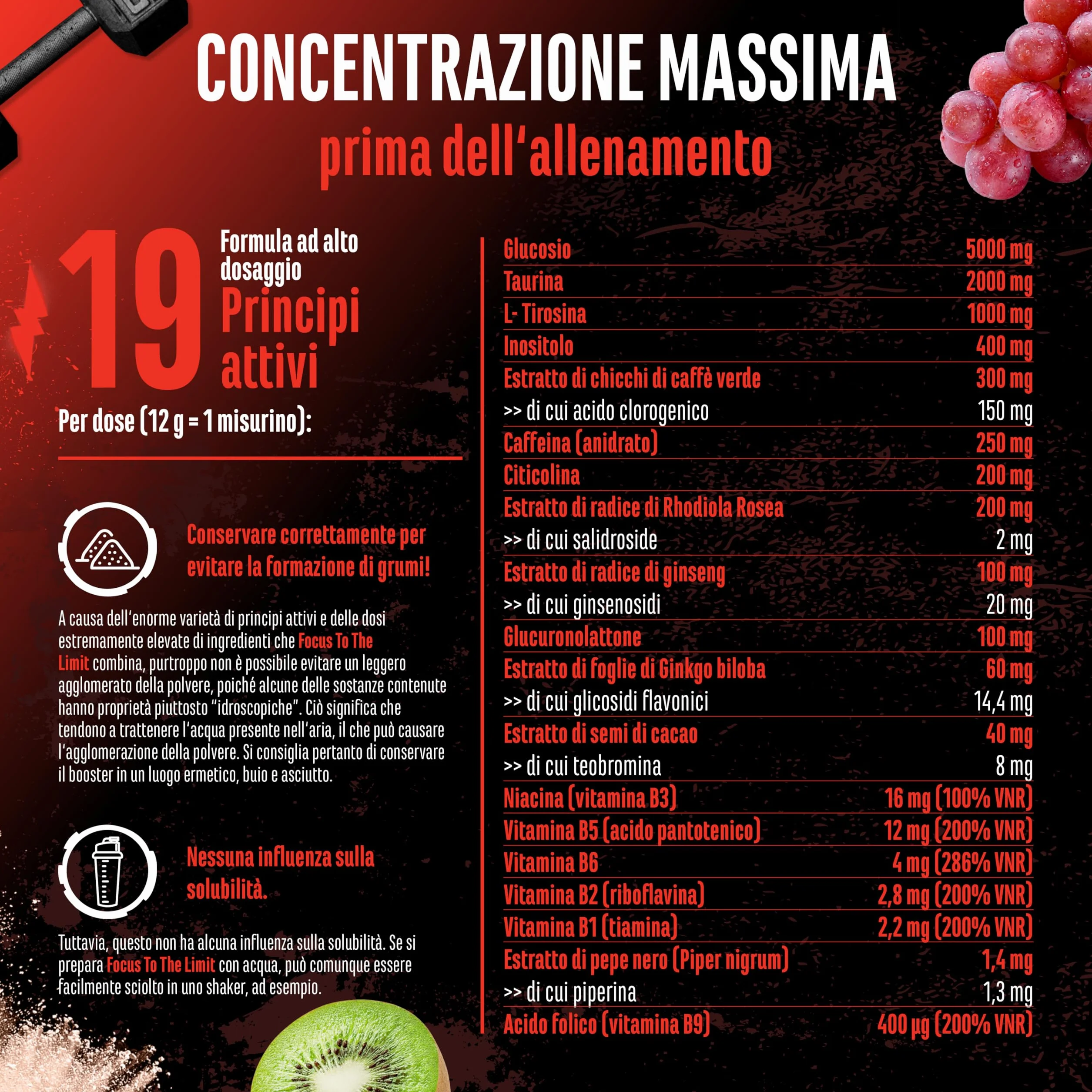 Focus to the Limit - Pre-Allenamento con L-Tirosina + Taurina + Inositolo + Estratto di Ginkgo + Citicolina + Radice di Rosa Rodiola + Caffeina e Vitamine - (240g, Gusto kiwi e uva Rossa)