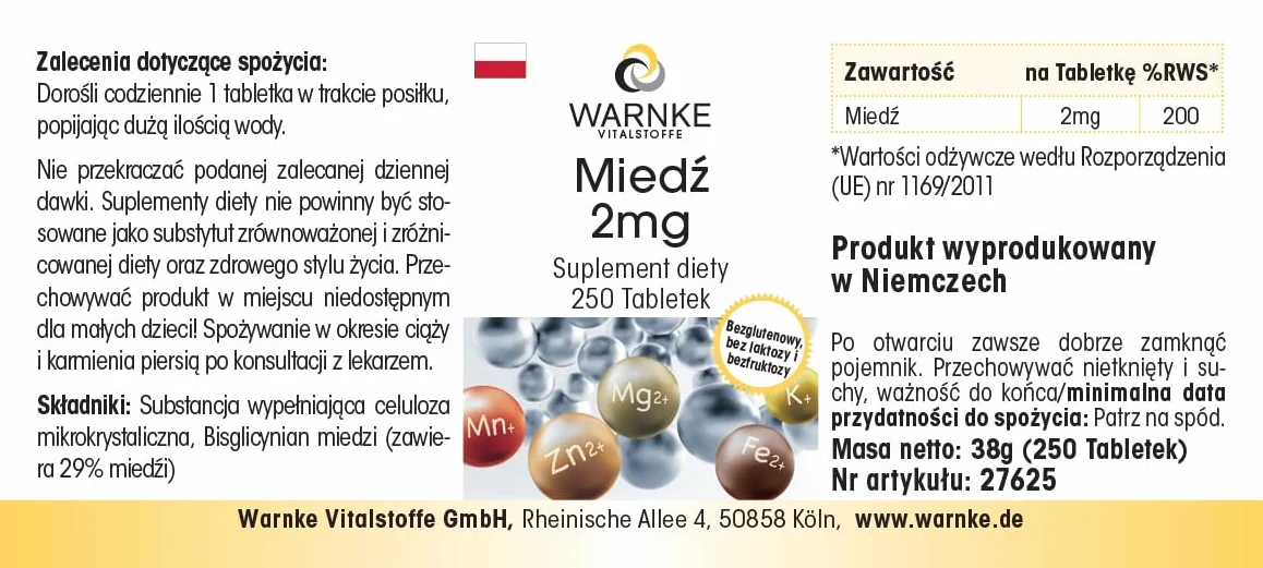 Rame 2mg - 250 compresse, ciascuna contenente 2mg - Bisglicinato di rame - ALTO DOSAGGIO - Qualità farmaceutica tedesca - vegano | Warnke Vitalstoffe