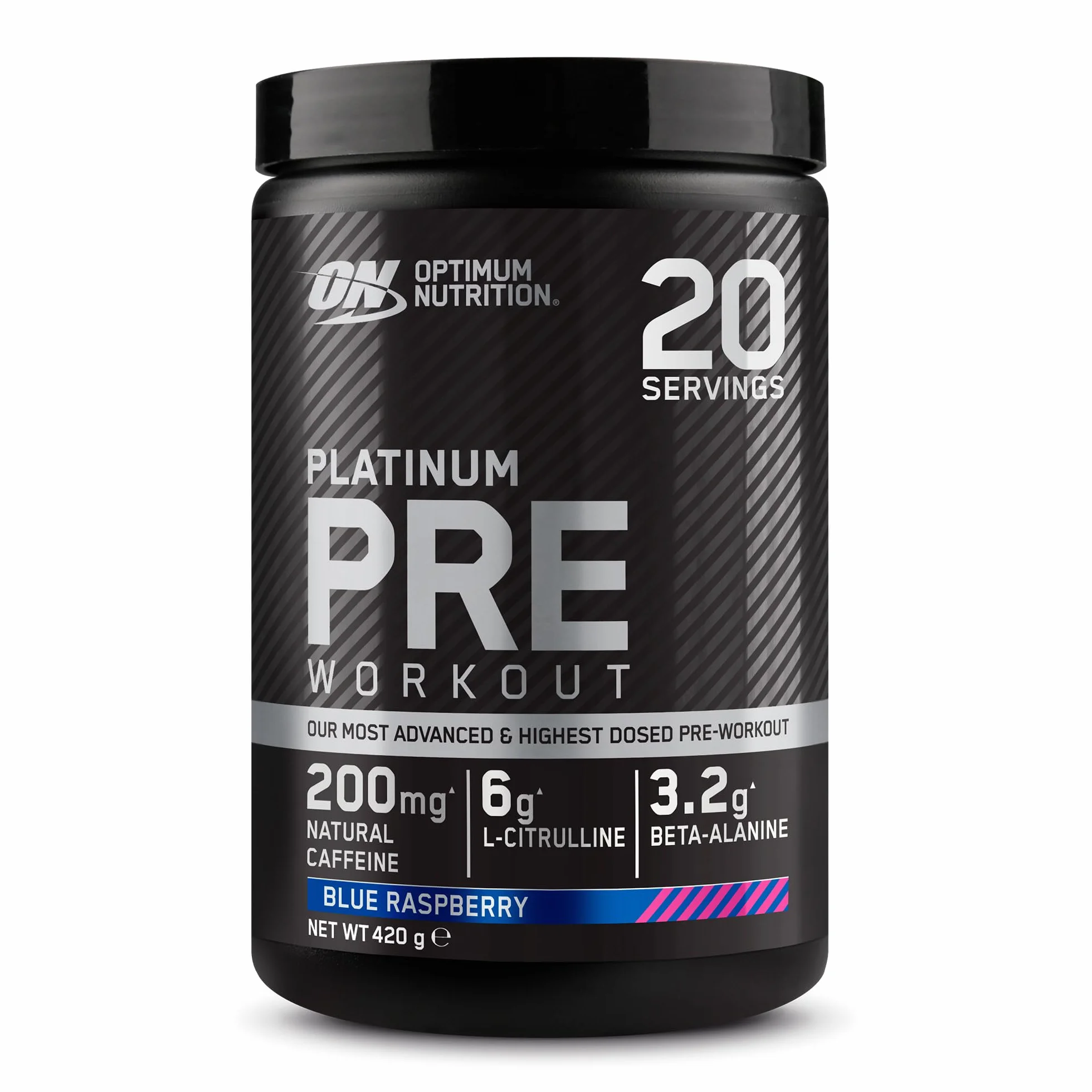 Optimum Nutrition ON Platinum PUMP Pre-Workout, Integratore Pre-Workout Intenso Senza Caffeina, Gusto Lampone Blu, 420 g, 20 dosi
