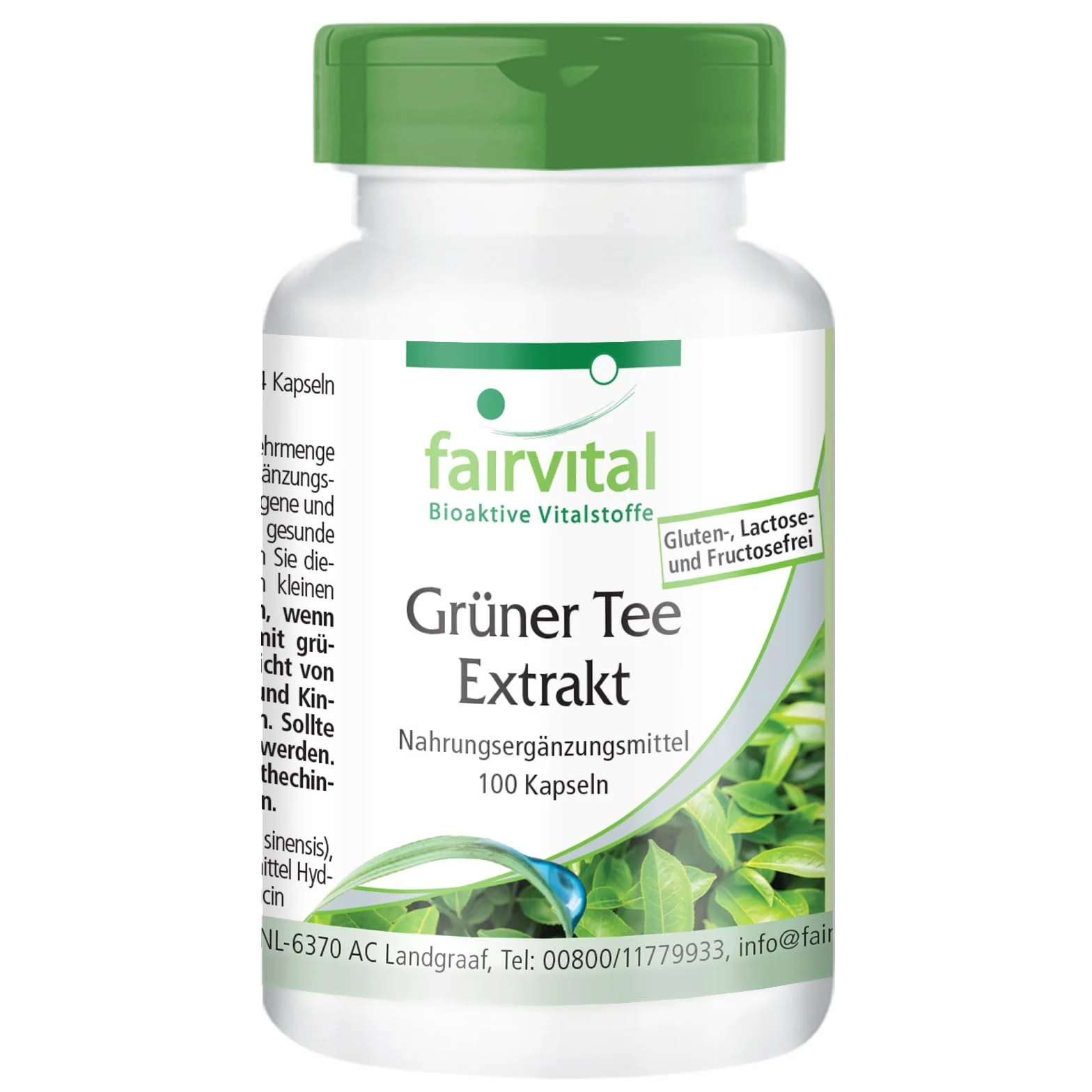 fairvital Estratto di tè verde, 100 capsule, facili da deglutire, polifenoli, catechine, EGCG e caffeina, ALTO DOSAGGIO, VEGANO, Camellia sinensis