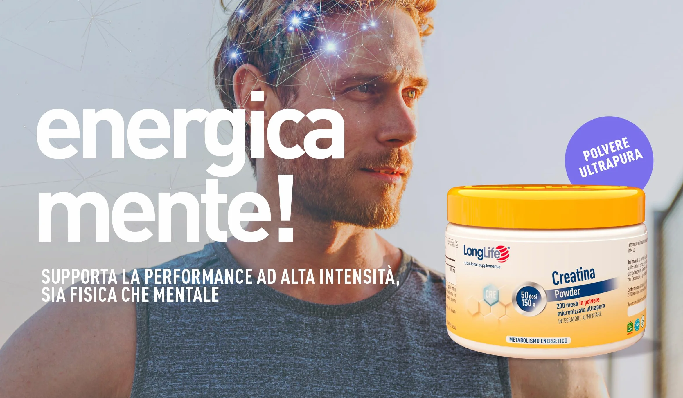 LongLife® Creatina Powder | Creatina monoidrato micronizzata ultrapura | Energia e forza muscolare | Performance fisica e sportiva | 50 dosi | Vegano e senza glutine