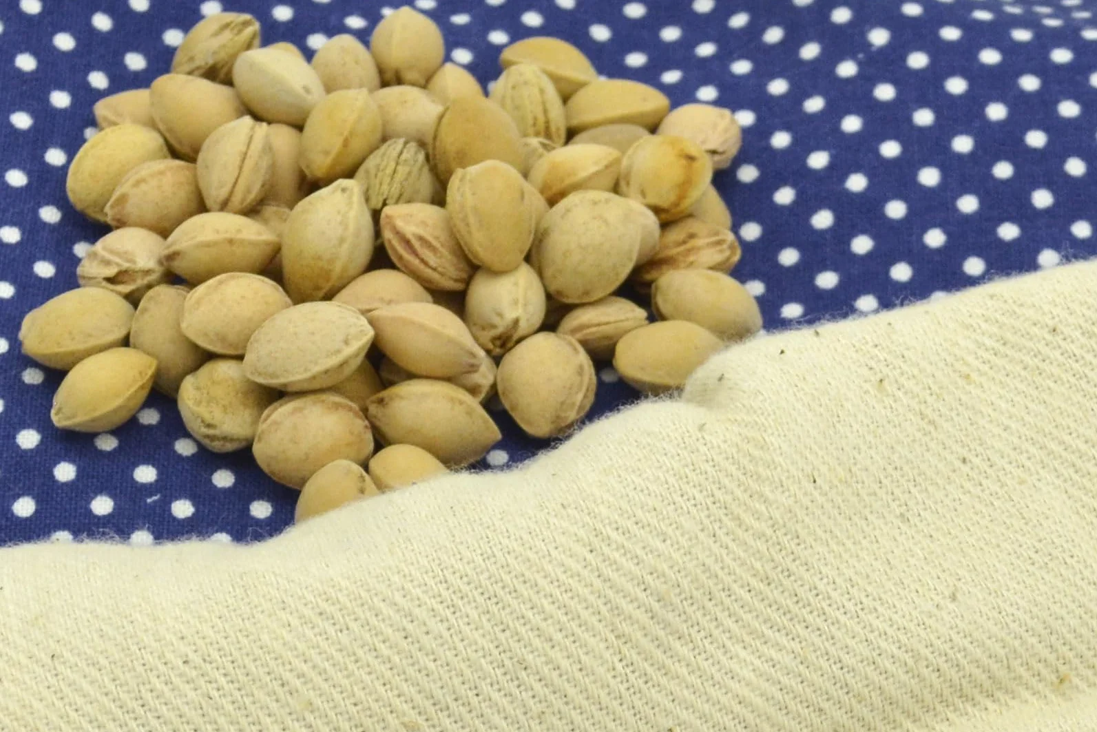 Cuscino termico ai noccioli di ciliegia 19×18 cm – dispositivo medico di classe I CE in cotone, applicazione caldo e freddo, blu con puntini bianchi