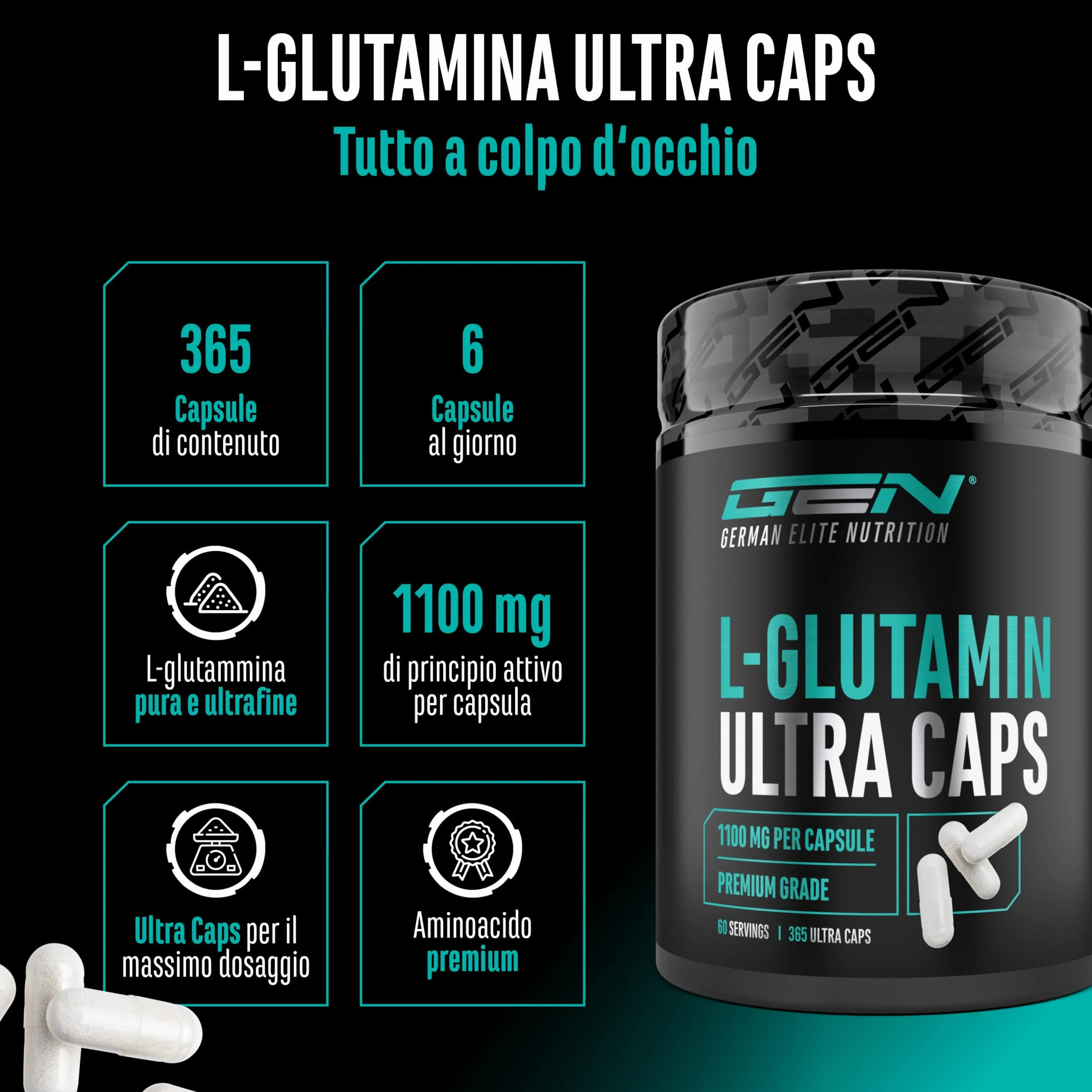 L-glutammina Ultra Caps - 365 capsule da 1100 mg - L-glutammina pura e ultra-fine in qualità premium - Extra ad alto dosaggio