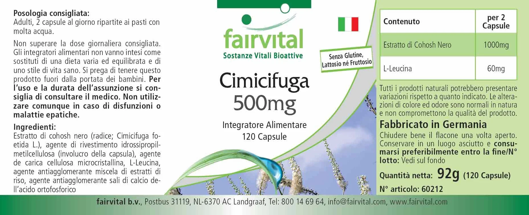 Fairvital Cimicifuga 500mg 120 capsule 1000mg per dose vegano Prodotto in Germania