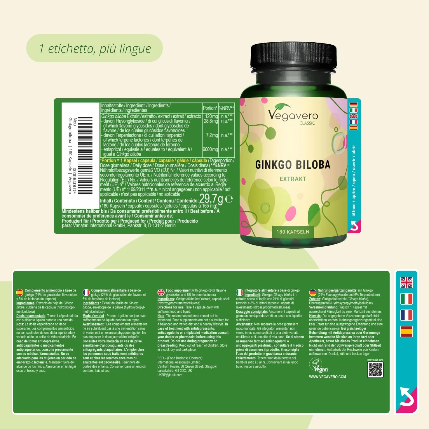 Vegavero® Ginkgo Biloba estratto 50:1 24% Glucosidi Flavonoidi 6% Terpenoidi 180 capsule Vegan