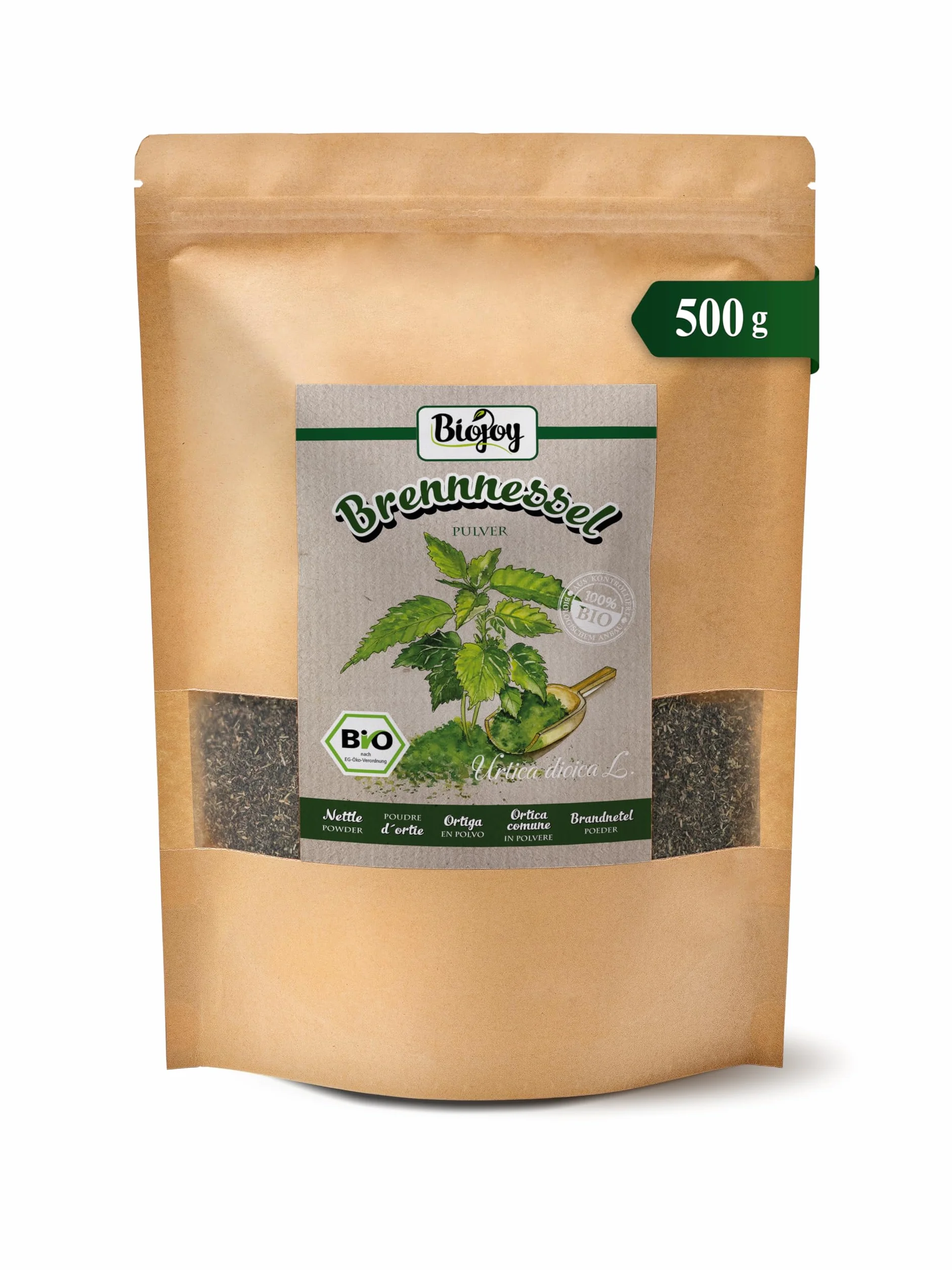Biojoy Ortica in Polvere BIO 500 g, Foglie di Ortica Essiccate e Macinate, Tè all'ortica
