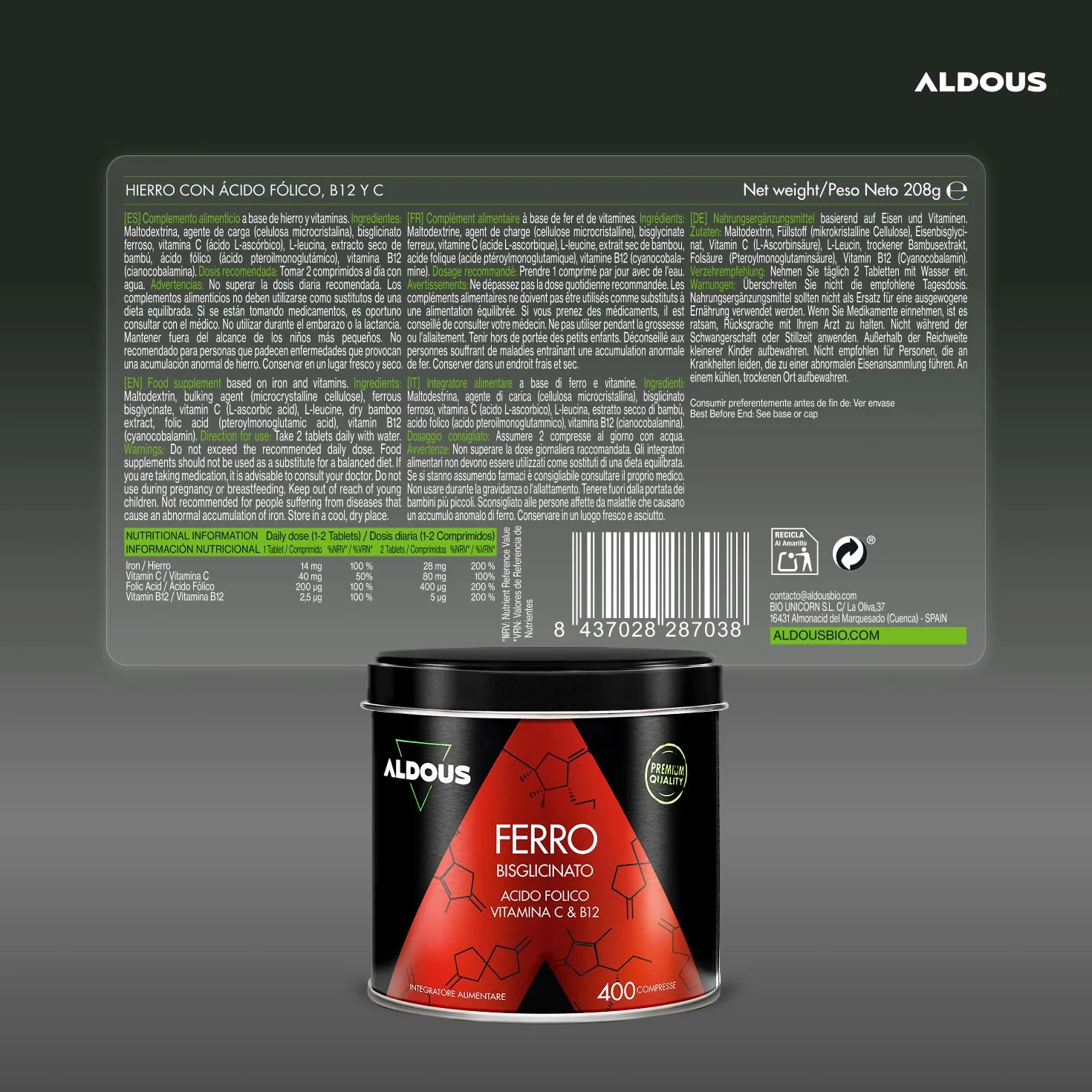 Ferro Integratore con Vitamina C, Acido Folico, B12-400 Compresse - Ferro Chelato - Globuli Rossi, Energia Supplemento, Sistema Immunitario - Integratore Stanchezza Fisica e Mentale - Vegan - ALDOUS
