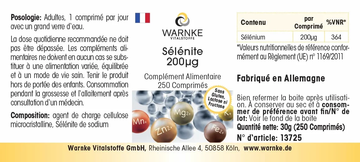 Selenite 200μg - 250 compresse - 200μg di selenio per compressa - Selenito di sodio - ALTO DOSAGGIO - Qualità farmaceutica tedesca - Vegano | Warnke Vitalstoffe