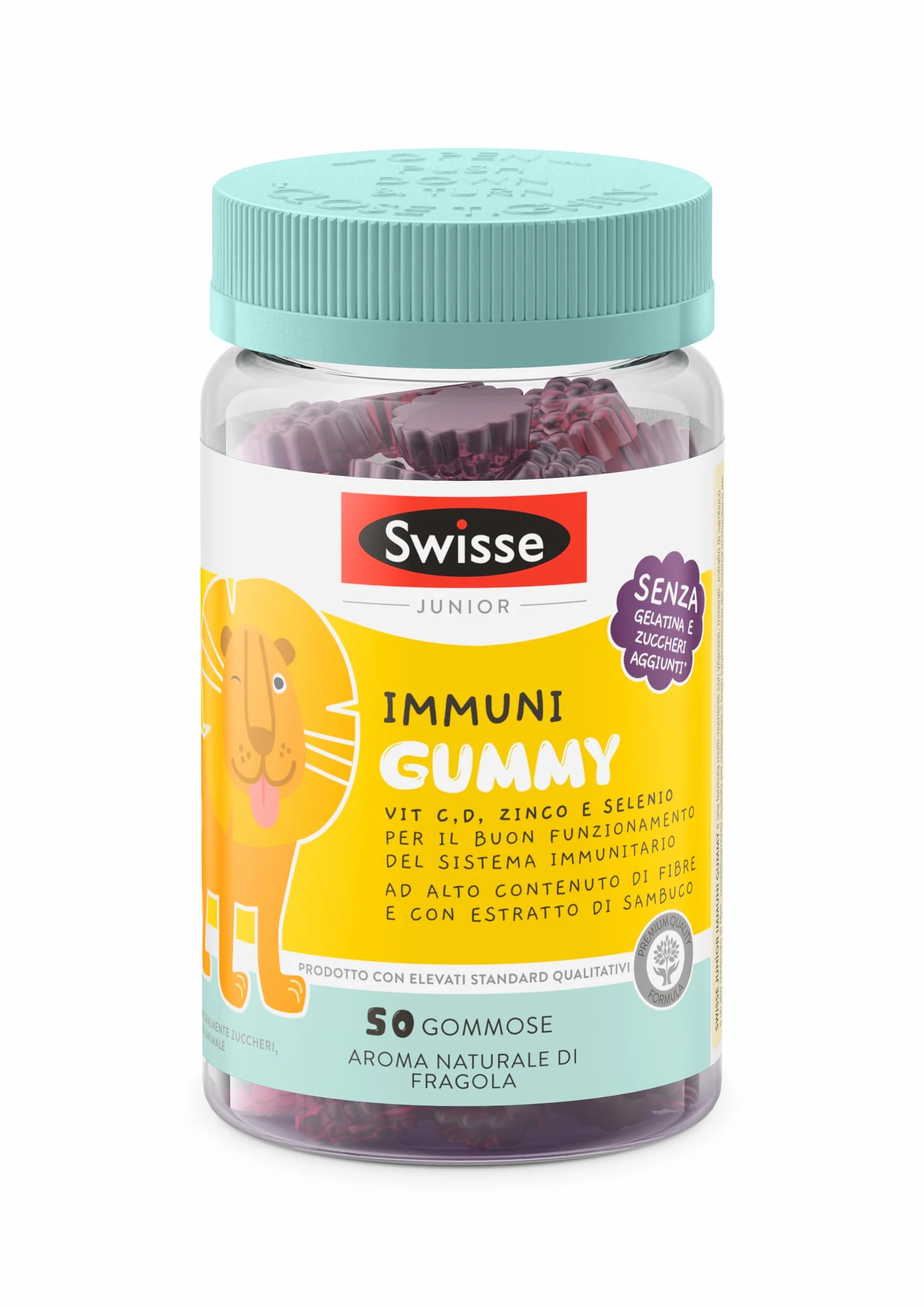 SWISSE Junior - Multivitaminico Completo Bambini con Vitamina D C B12 B6 e Minerali per Supporto al Sistema Immunitario, 50 Gommose ad Alto Contenuto di Fibre, Aroma Naturale di Fragola, Made in Italy