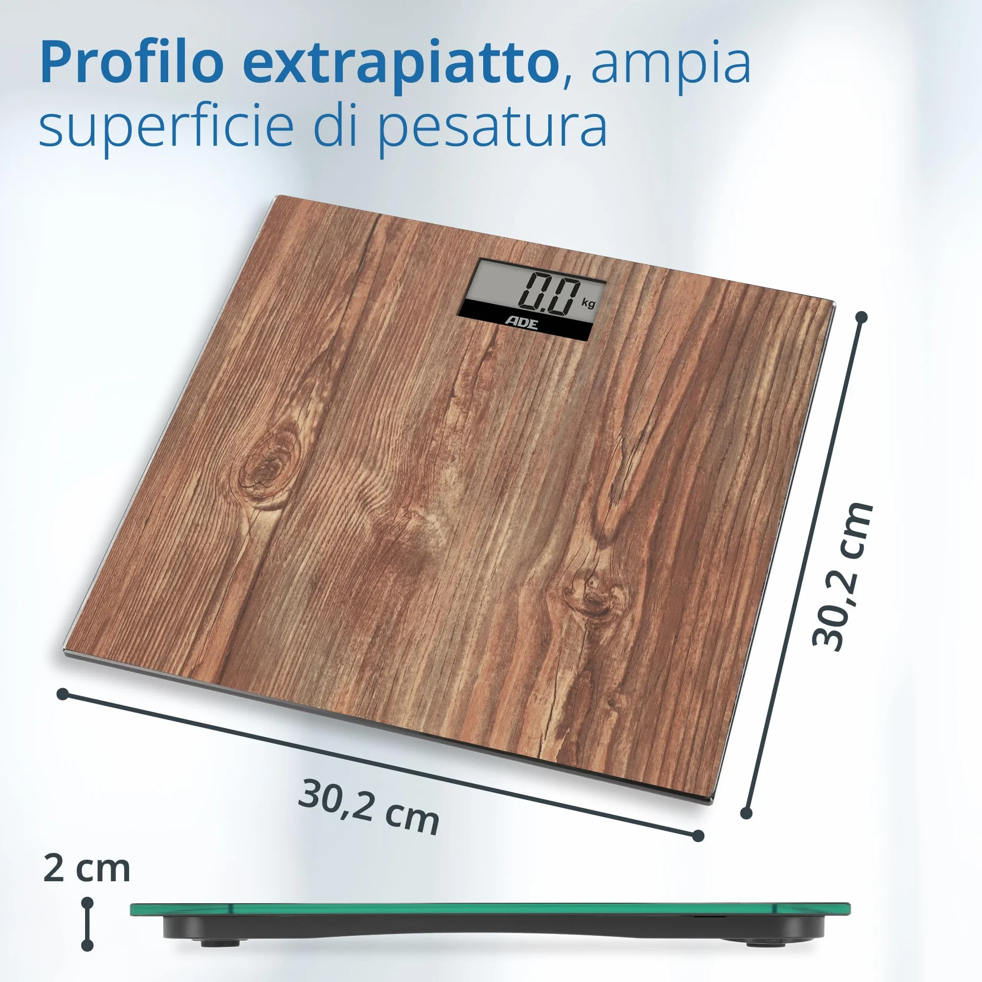 ADE Bilancia pesapersone digitale in accogliente look legno | ampio display | superficie di pesatura antiscivolo in vetro di sicurezza | risultati di pesatura accurati | fino a 180 kg