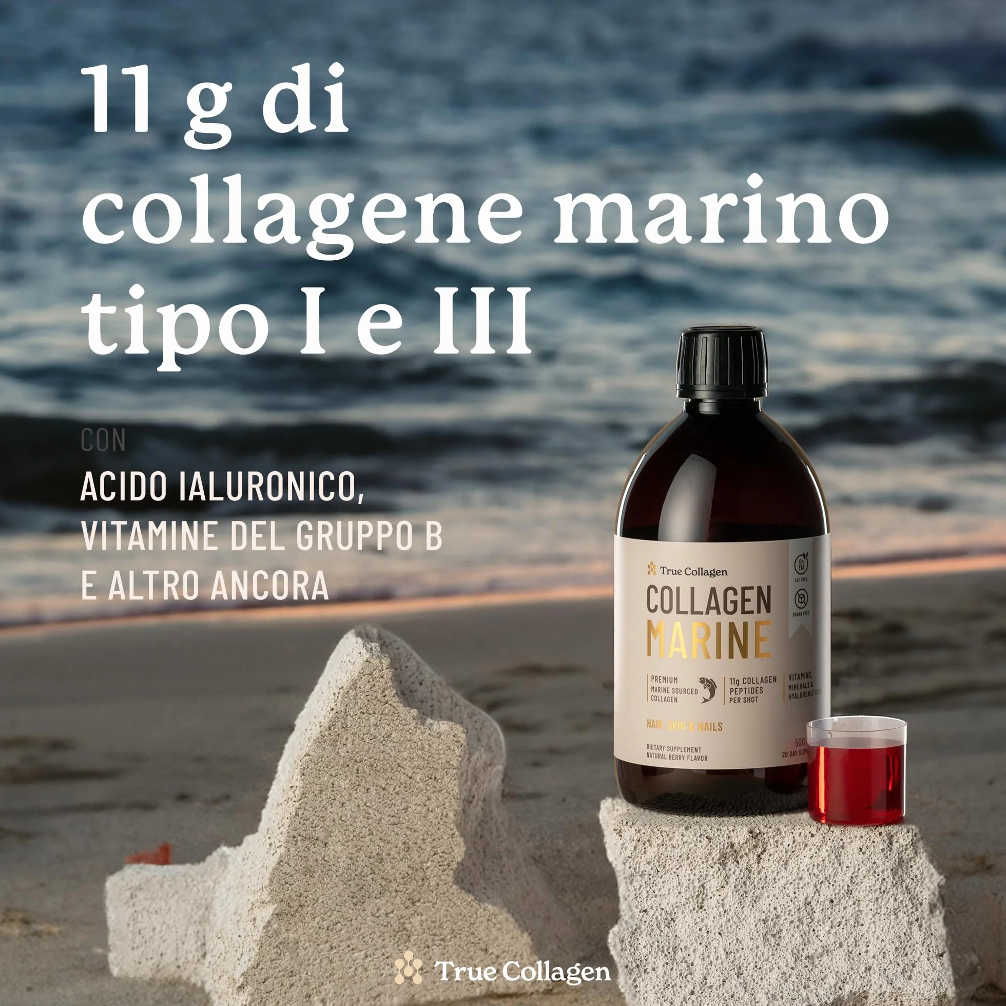 True Collagen Premium 11000mg collagene marino 500 ml collagene idrolizzato puro Tipo I e III acido ialuronico biotina capelli vitamine minerali senza zucchero