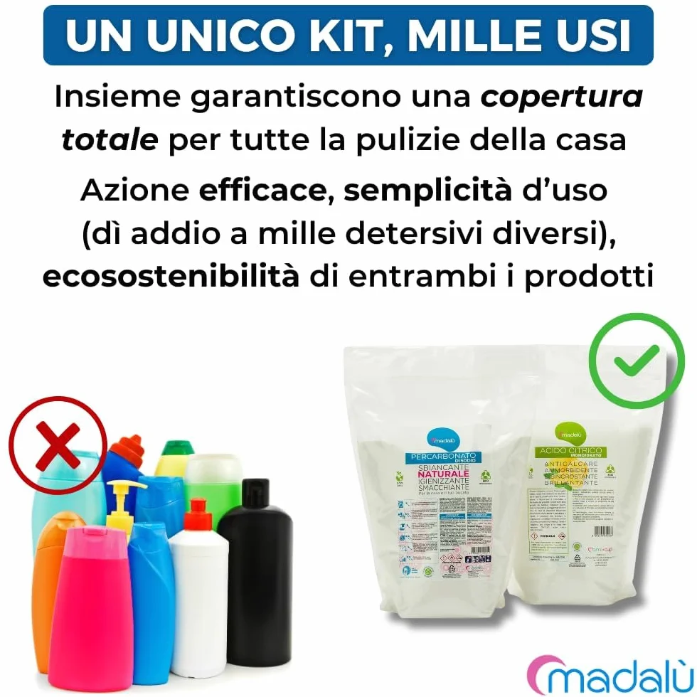 Kit Acido Citrico e Percarbonato di Sodio 1,5+1,5 Kg Sbiancante Bucato Anticalcare Antimuffa