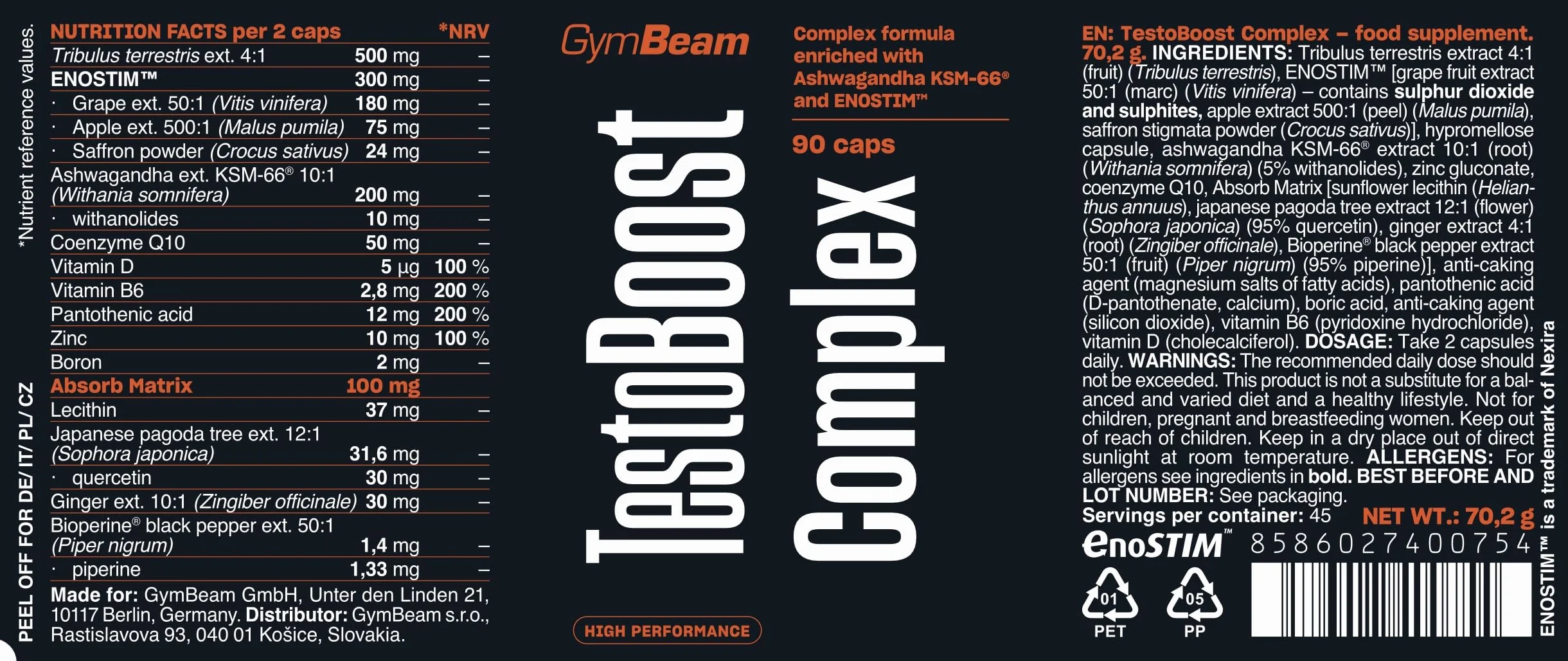GymBeam Testoboost Complex - Con Tribulus Terrestris, Ashwagandha KSM-66® ed ENOSTIM™ - Supporto Testosterone Naturale - Zinco, Vitamine D, B5, B6 - Vegano