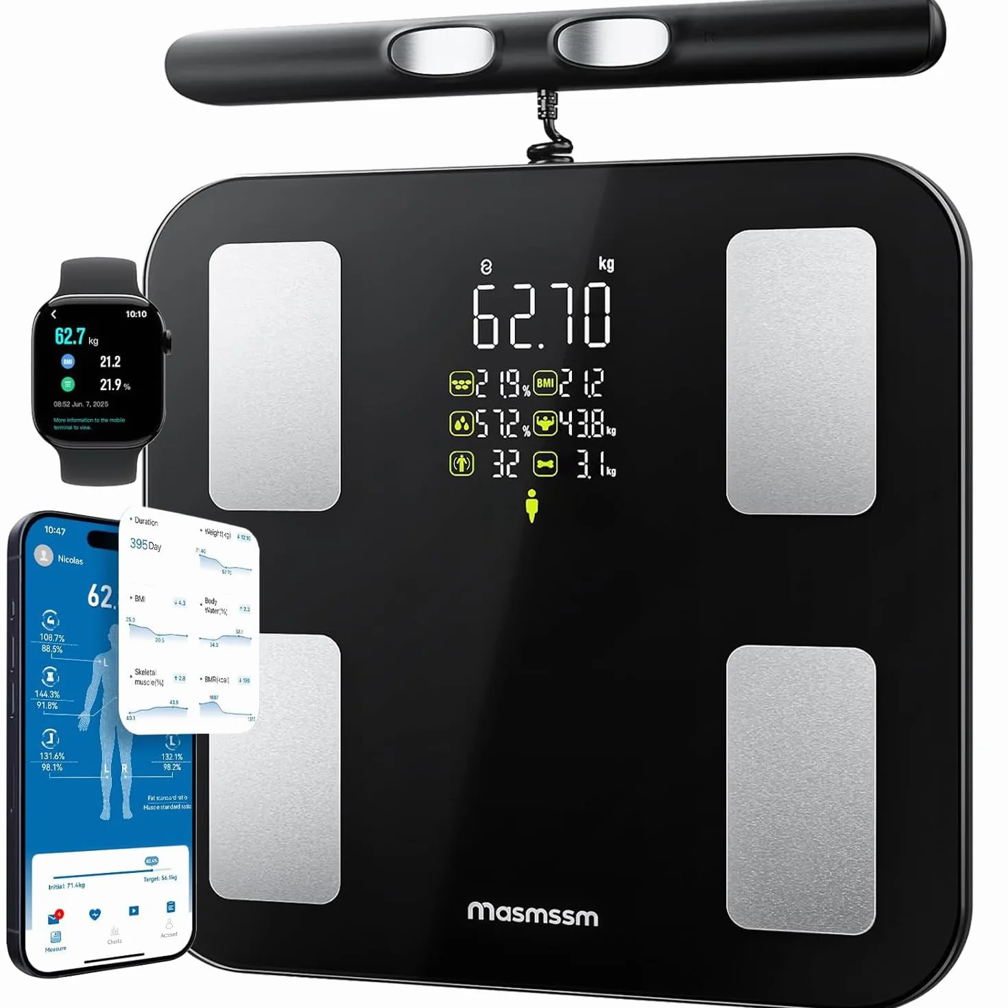 Bilancia Impedenziometrica 8 Elettrodi, Pesapersone Digitale con Display VA, 28 Metriche, Analisi Corporea BIA Doppia Frequenza, 180kg