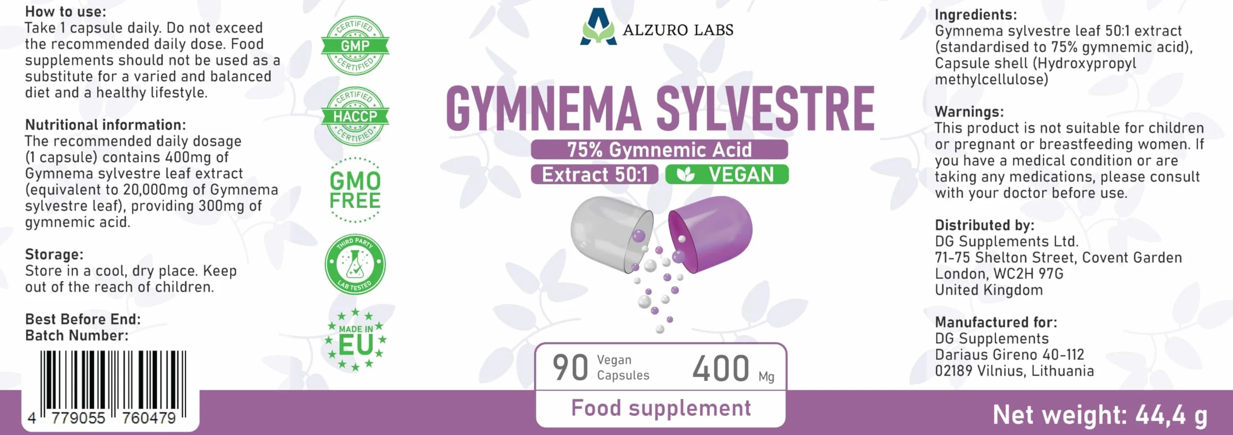 Gymnema Sylvestre 20,000mg Estratto 50:1 400mg 75% Acido Gymnemico 90 Capsule Vegane