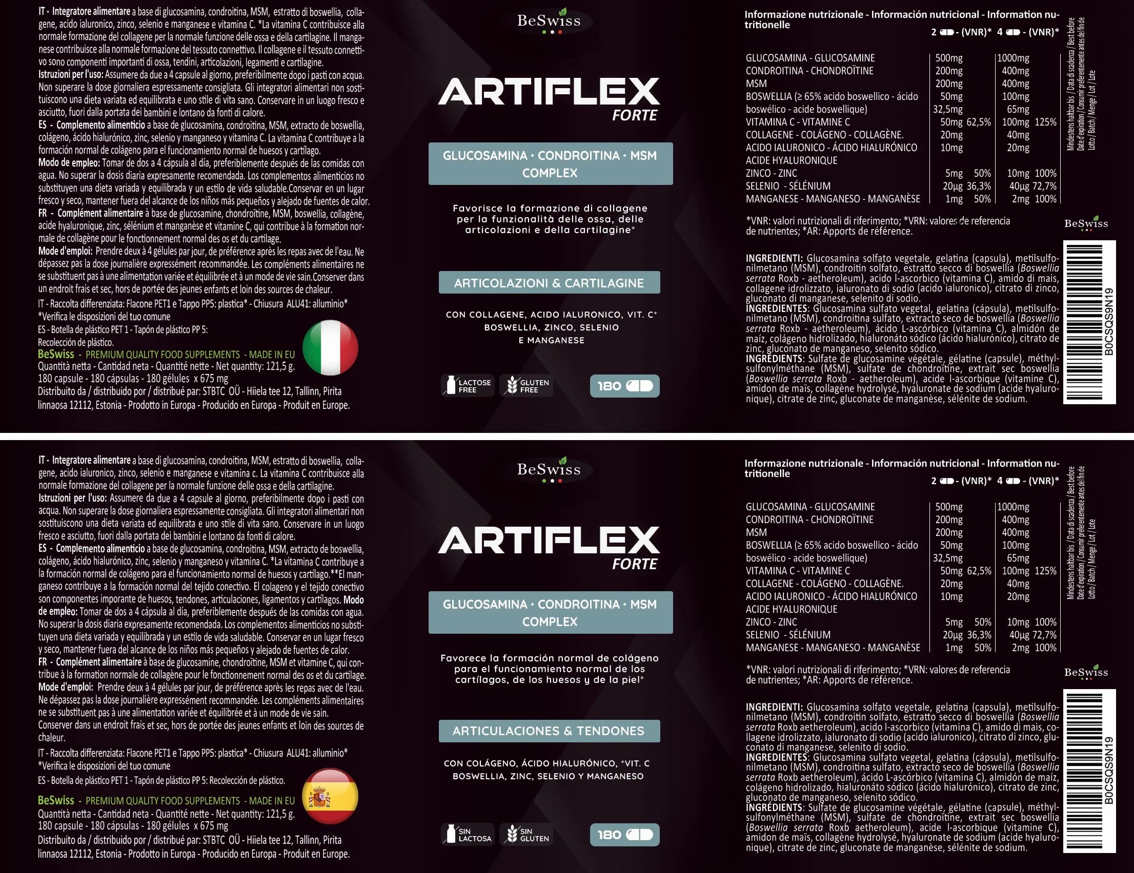 Artiflex Glucosamina Condroitina MSM - 180 Capsule Integratore per Ossa Articolazioni Cartilagine | con Collagene, Acido Ialuronico, Boswellia, Vitamine e Minerali | Alto Dosaggio