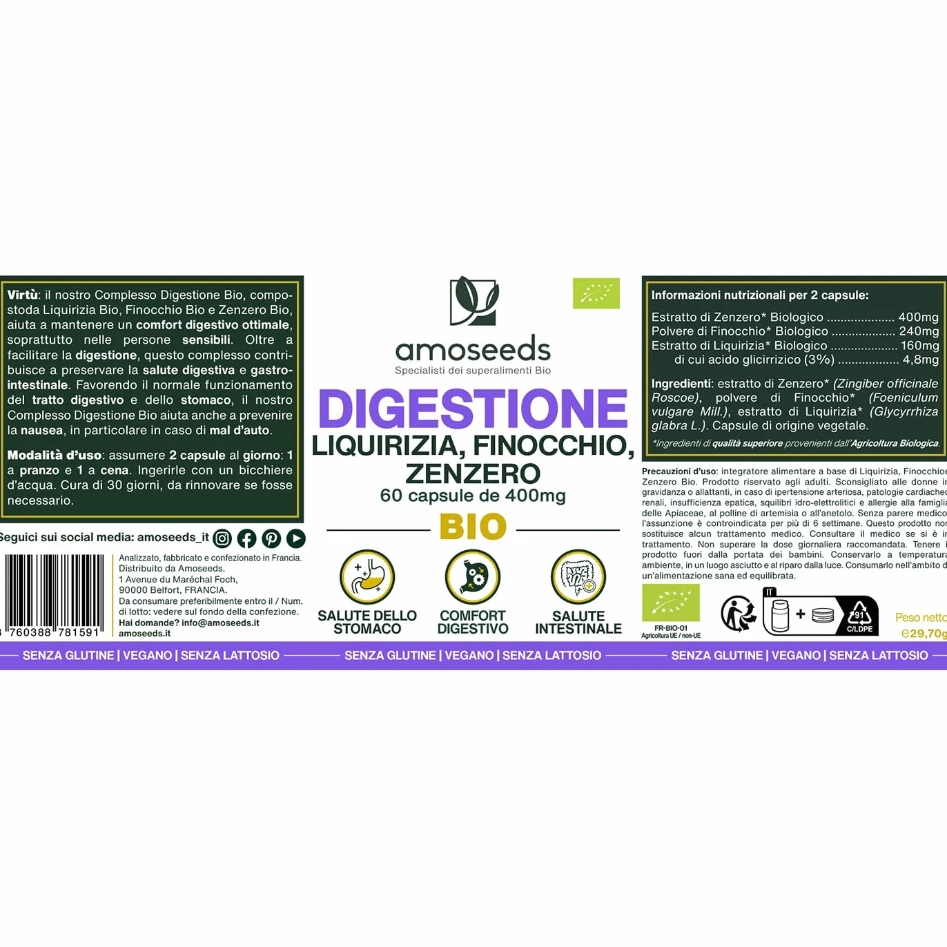 Digestione BIO 60 capsule 400mg Liquirizia Finocchio Zenzero Comfort digestivo salute stomaco
