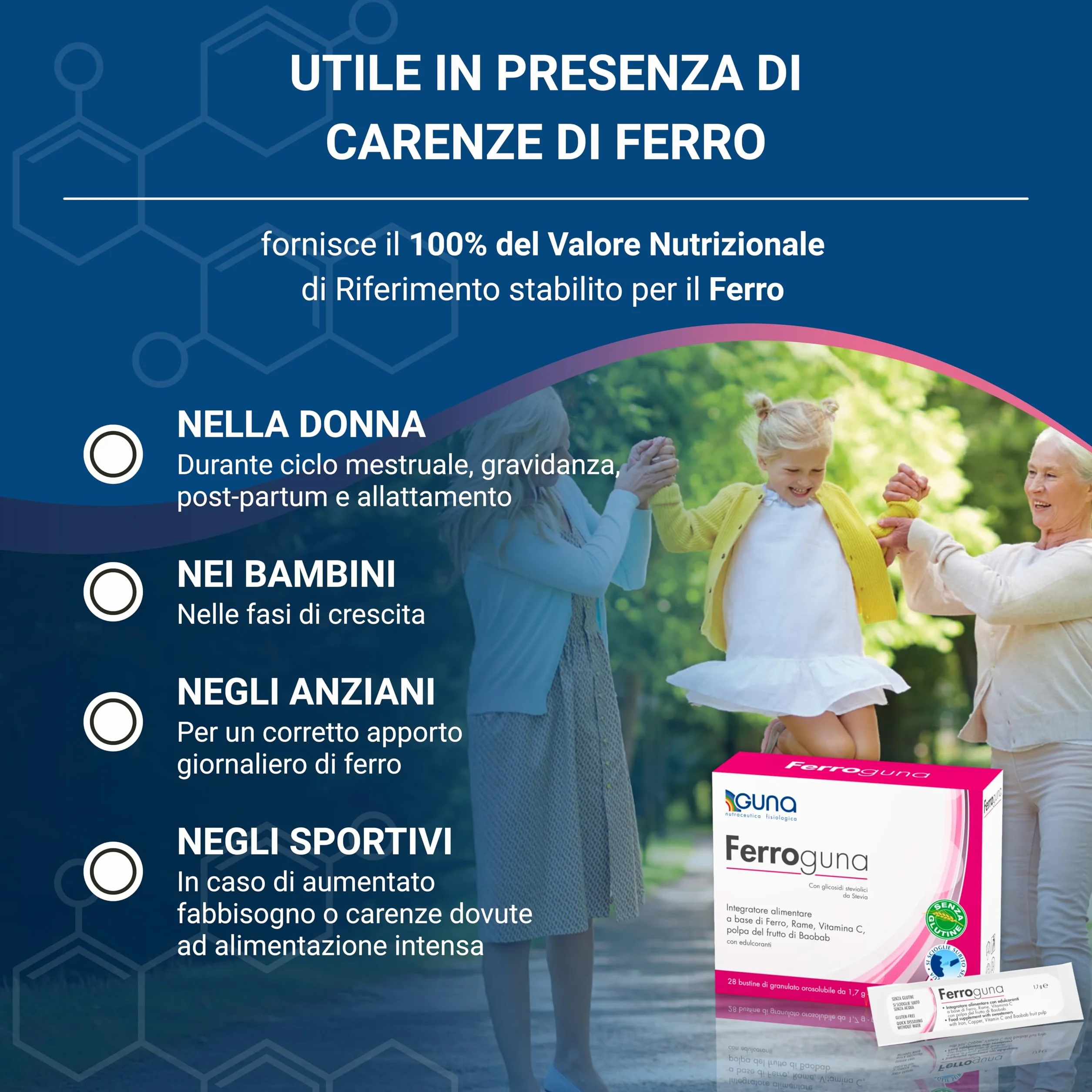 GUNA Ferroguna 28 Bustine Orosolubili - Integratore Alimentare a Base di Ferro, Rame, Vitamina C, con Polpa Disidratata del Frutto del Baobab