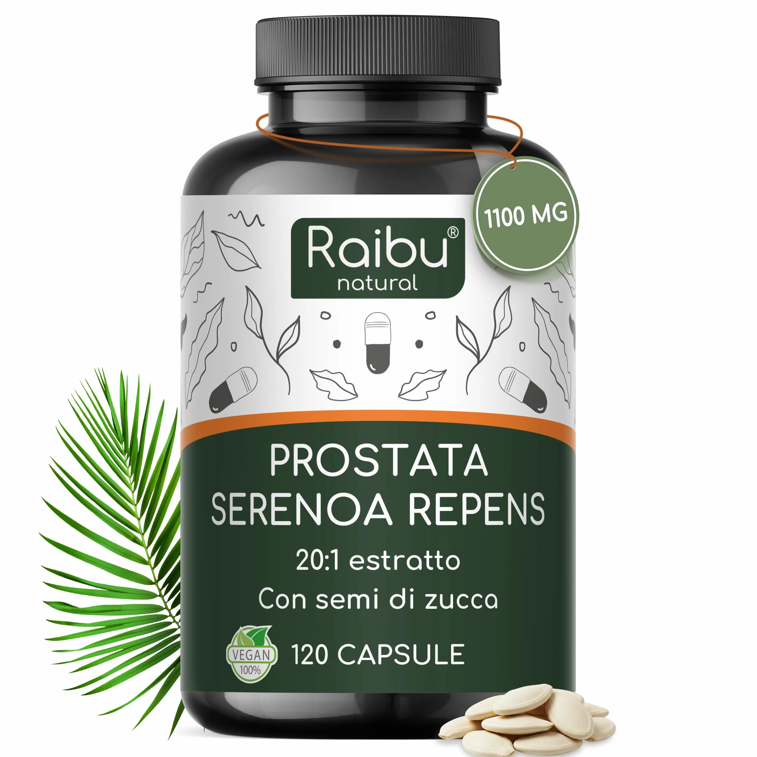 Raibu Serenoa Repens 1100 mg Integratore Prostata Uomo, Estratto 20:1 Saw Palmetto con Semi di Zucca, 120 Capsule Vegane