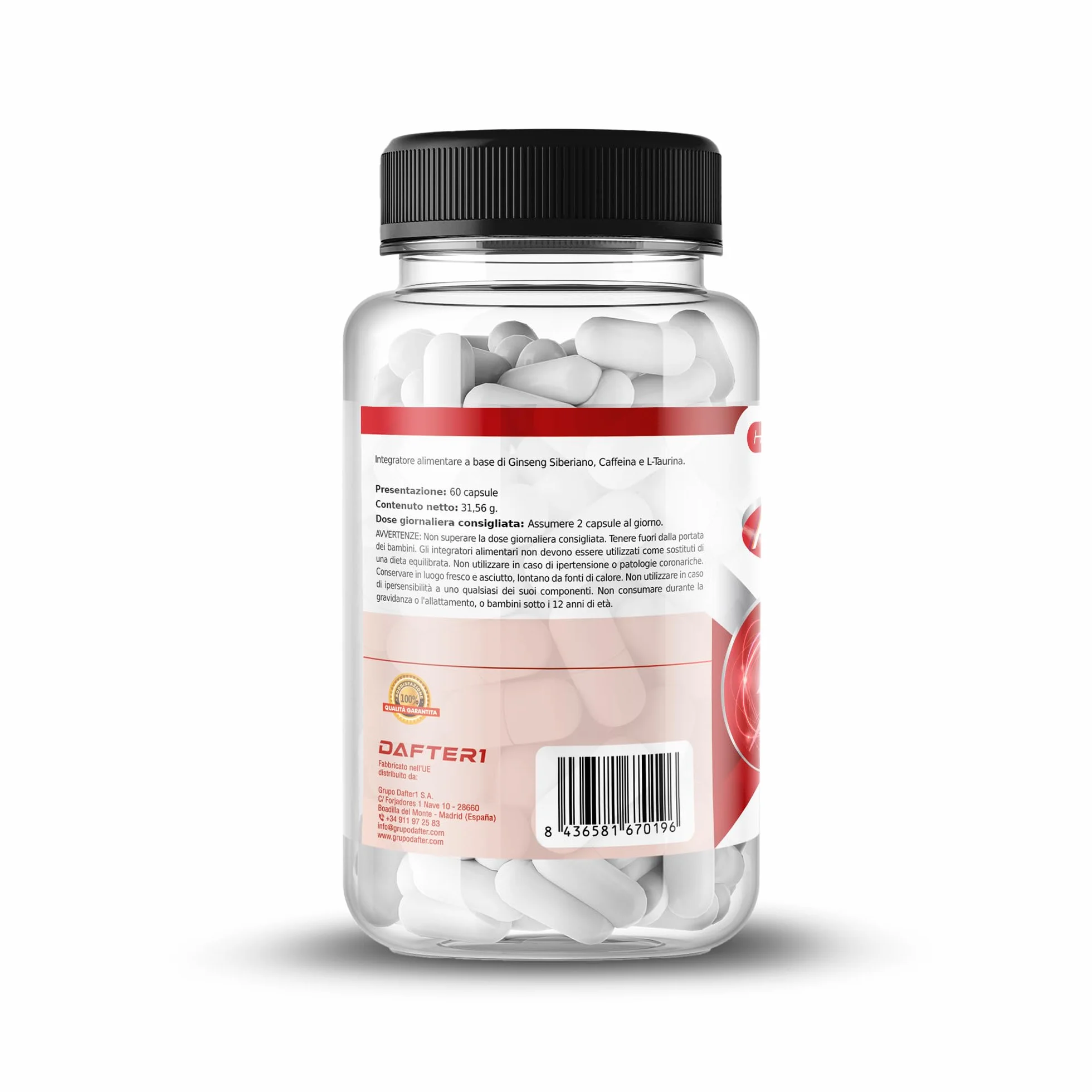 Actívate L-Taurina Cafeína Ginseng Siberiano Integratore alimentare 60 capsule