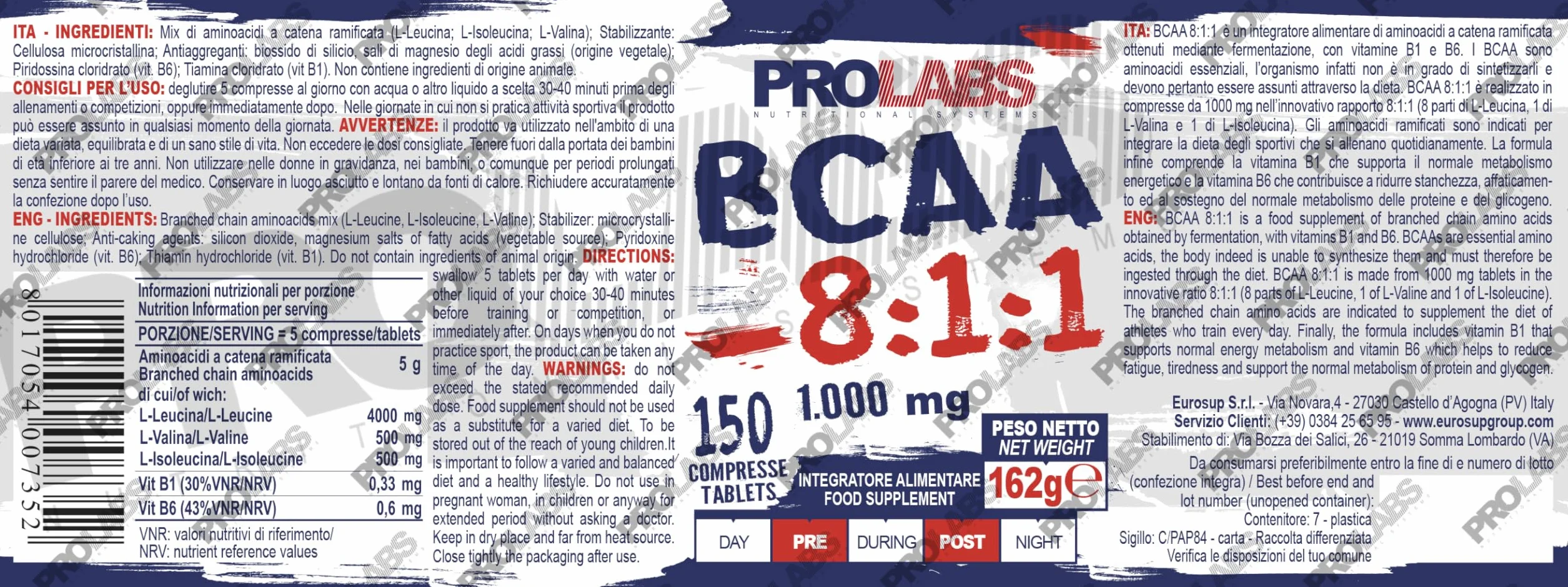 PROLABS – Bcaa Aminoacidi Ramificati Compresse 8.1.1, Amminoacidi 100% Veg con Vitamina B6, B1 e L-Leucina (8 parti) Crescita e Recupero Muscolare, Integratore Post e Pre Workout, 150 Tablet (1000 mg)