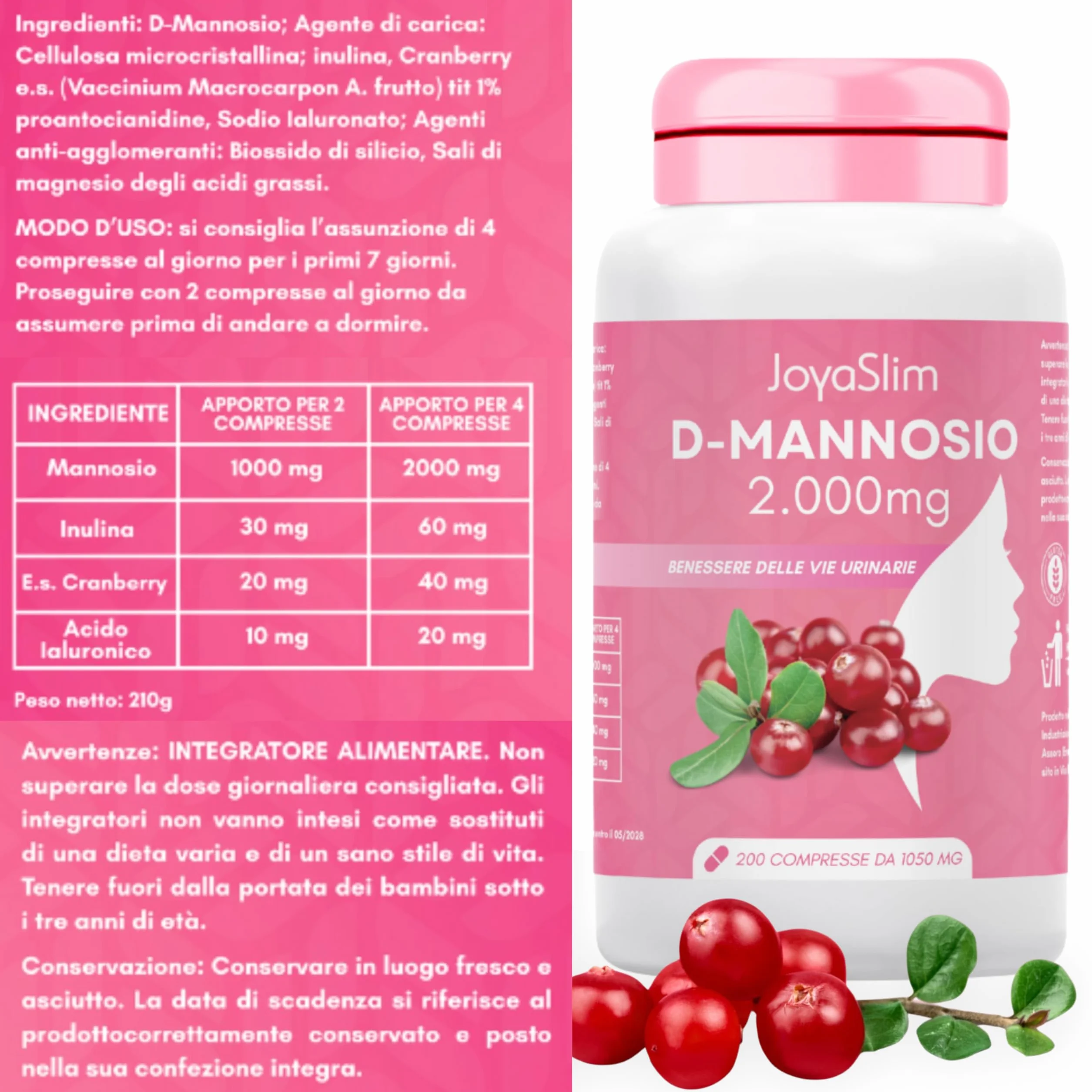 D Mannosio Puro 2000mg. JoyaSlim® Integratore Cistite e Candida. Con Acido Ialuronico, Mirtillo Rosso e Inulina. 200 Compresse (Fornitura 3 Mesi) Supporto Naturale Vie Urinarie Donna e Uomo