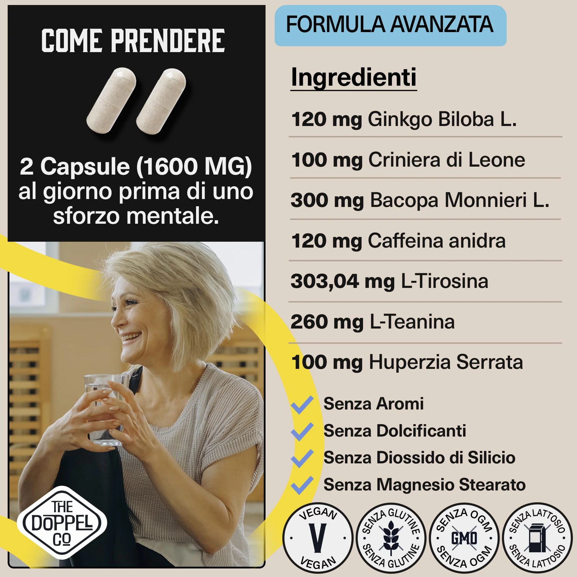 100 Capsule di Nootropico Naturale - 800 mg - Memoria, Concentrazione, Energia - Ginkgo Biloba, Criniera di Leone, Caffeina, Bacopa Monnieri, Tirosina, Teanina, Huperzia - Prodotto in Europa