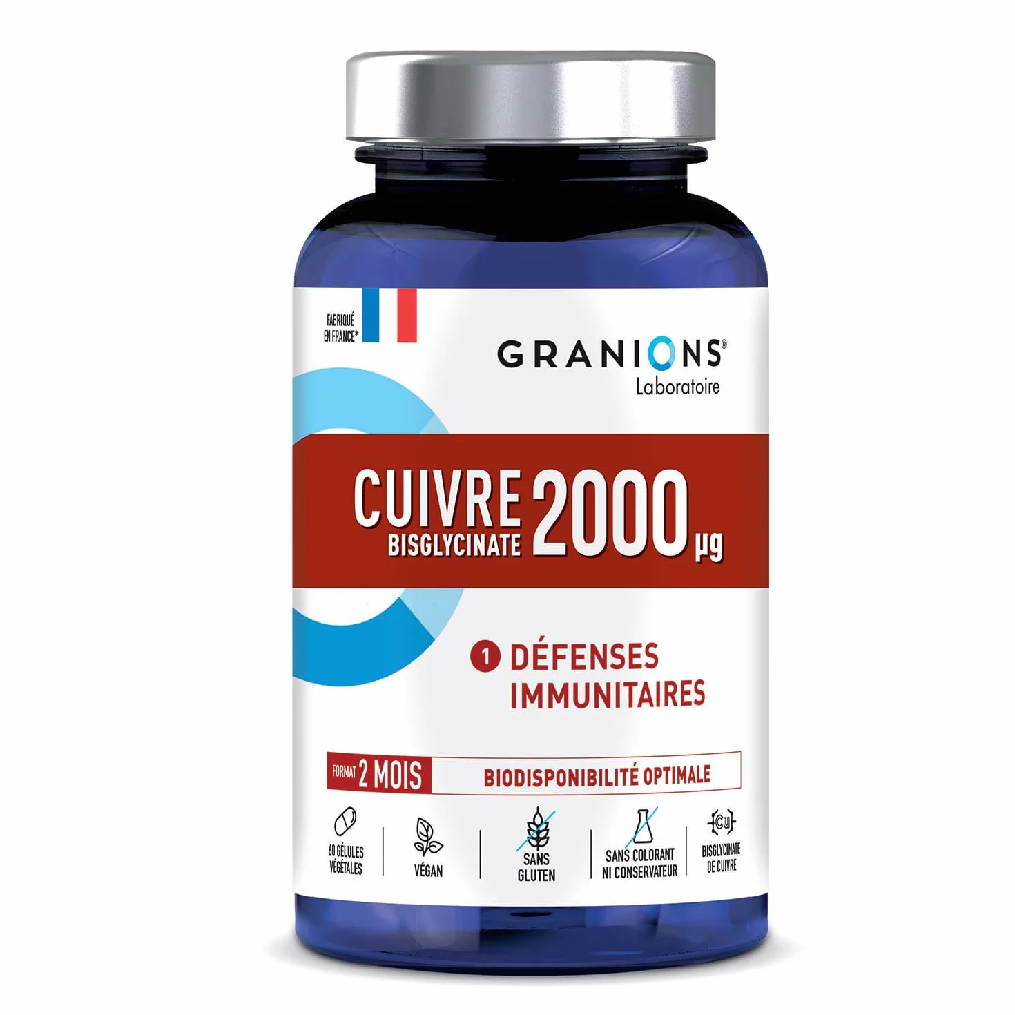 Granions Rame Bisglicinato 2 Mg - 200% Dell'Apporto Raccomandato - Biodisponibilità Ottimale - Difesa Dell'Immunità - 21.9 g