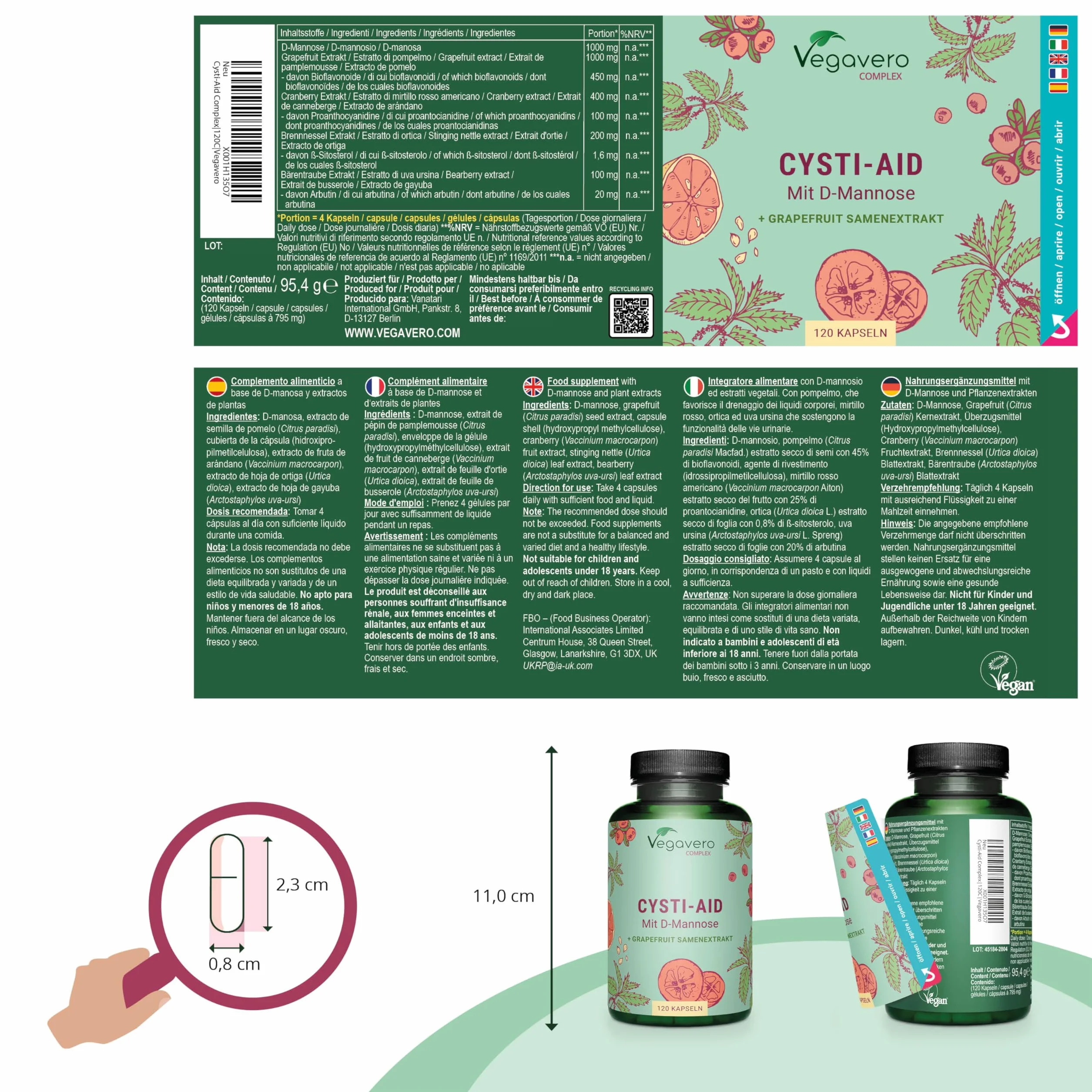 Vegavero® Integratore CISTITE 120 capsule D-Mannosio Mirtillo Rosso Uva Ursina Benessere Vie Urinarie