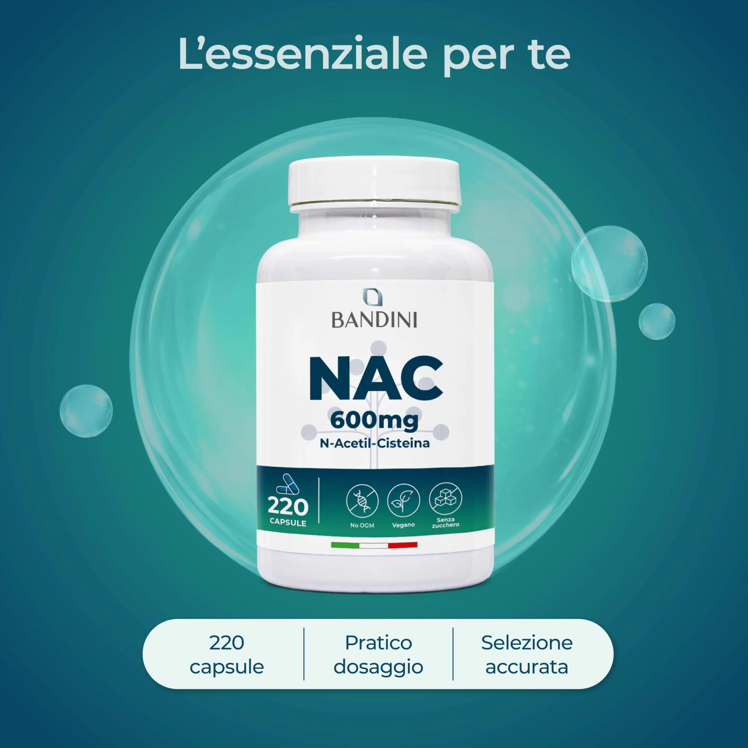 Bandini® NAC N-Acetil-Cisteina 220 Capsule 600mg (+7 Mesi),Precursore del Glutatione, Acetilcisteina 600mg, 1 Capsula al Giorno, Alto Dosaggio di N-Acetilcisteina Aumentata, Integratore 100% Vegano