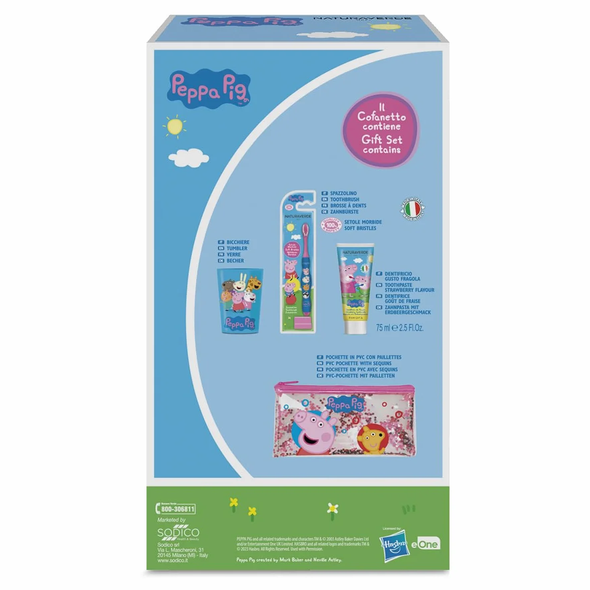 Naturaverde | Peppa Pig Gift Set Oral Care, Spazzolino da Denti Manuale, Dentifricio Bambini Gusto Fragola 75ml, Bicchierino e Pochette Glitter