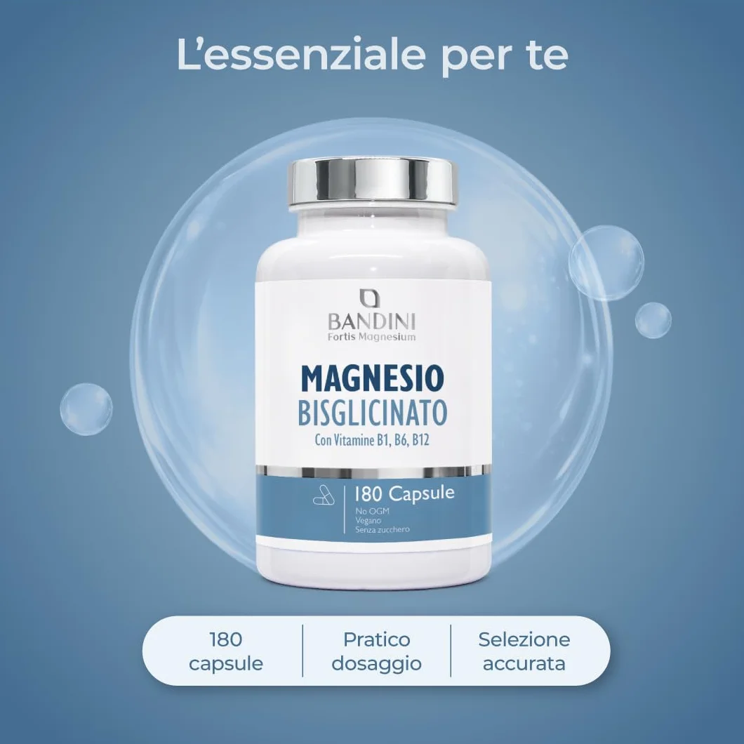 Bandini® Magnesio Bisglicinato 180 Capsule (2 mesi), 350 mg di Glicinato, Chelato per dose arricchito di Vitamina B1, B6, B12 Anti stress e fatica, Integratore per Sistema Nervoso, 100% Vegan